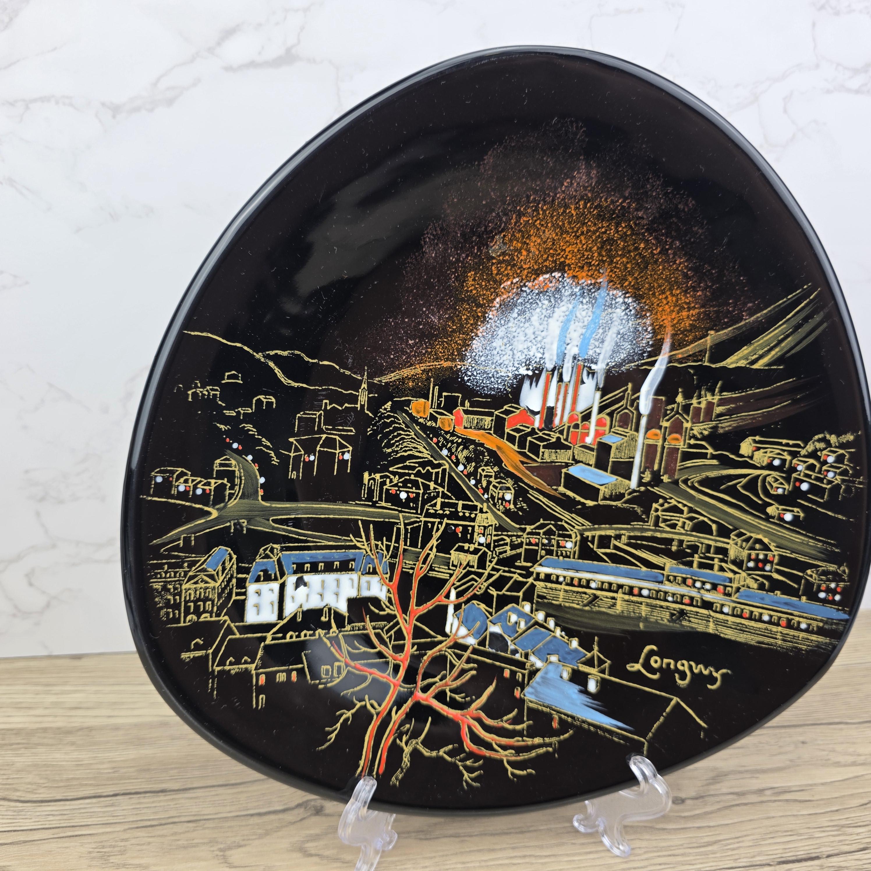 Vintage Longwy France Decorative Wall Plate Hand Painted “Industrial Cityscape” Black Ceramic Art Plate 27cm