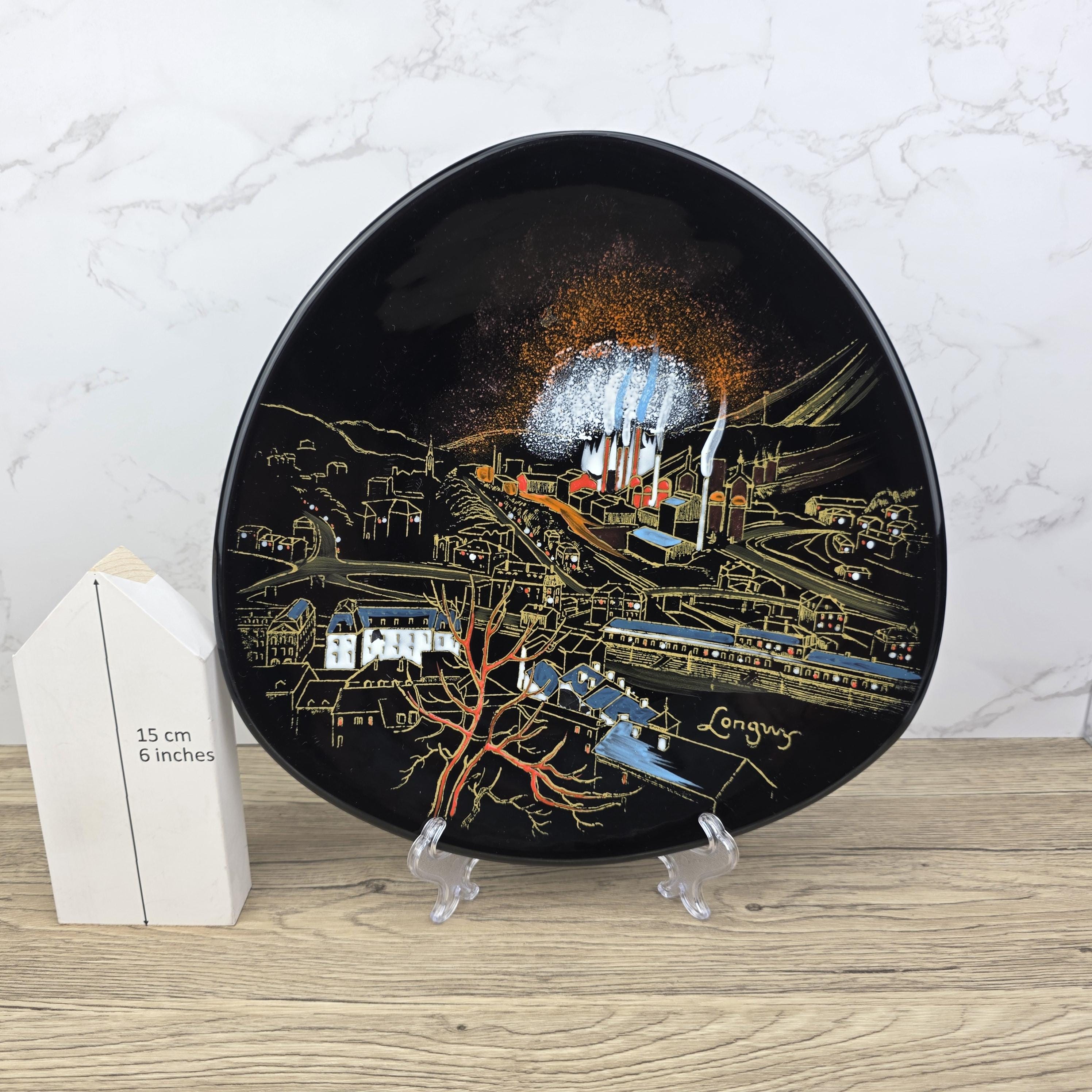 Vintage Longwy France Decorative Wall Plate Hand Painted “Industrial Cityscape” Black Ceramic Art Plate 27cm