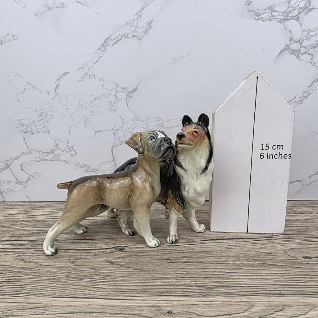 Vintage West Germany Porcelain Boxer & Collie Dog Figurine | Mid Century Ceramic Animal Sculpture