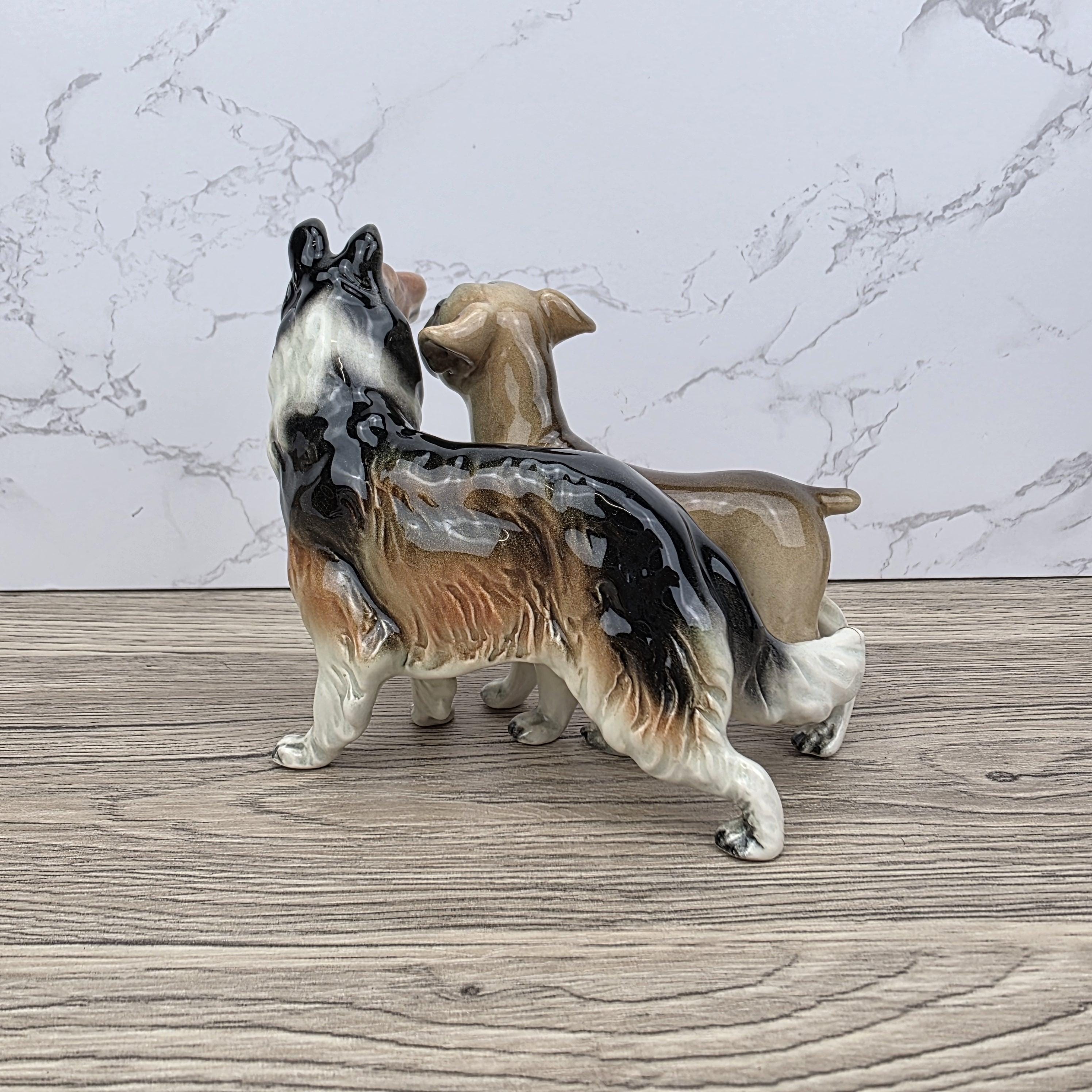 Vintage West Germany Porcelain Boxer & Collie Dog Figurine | Mid Century Ceramic Animal Sculpture