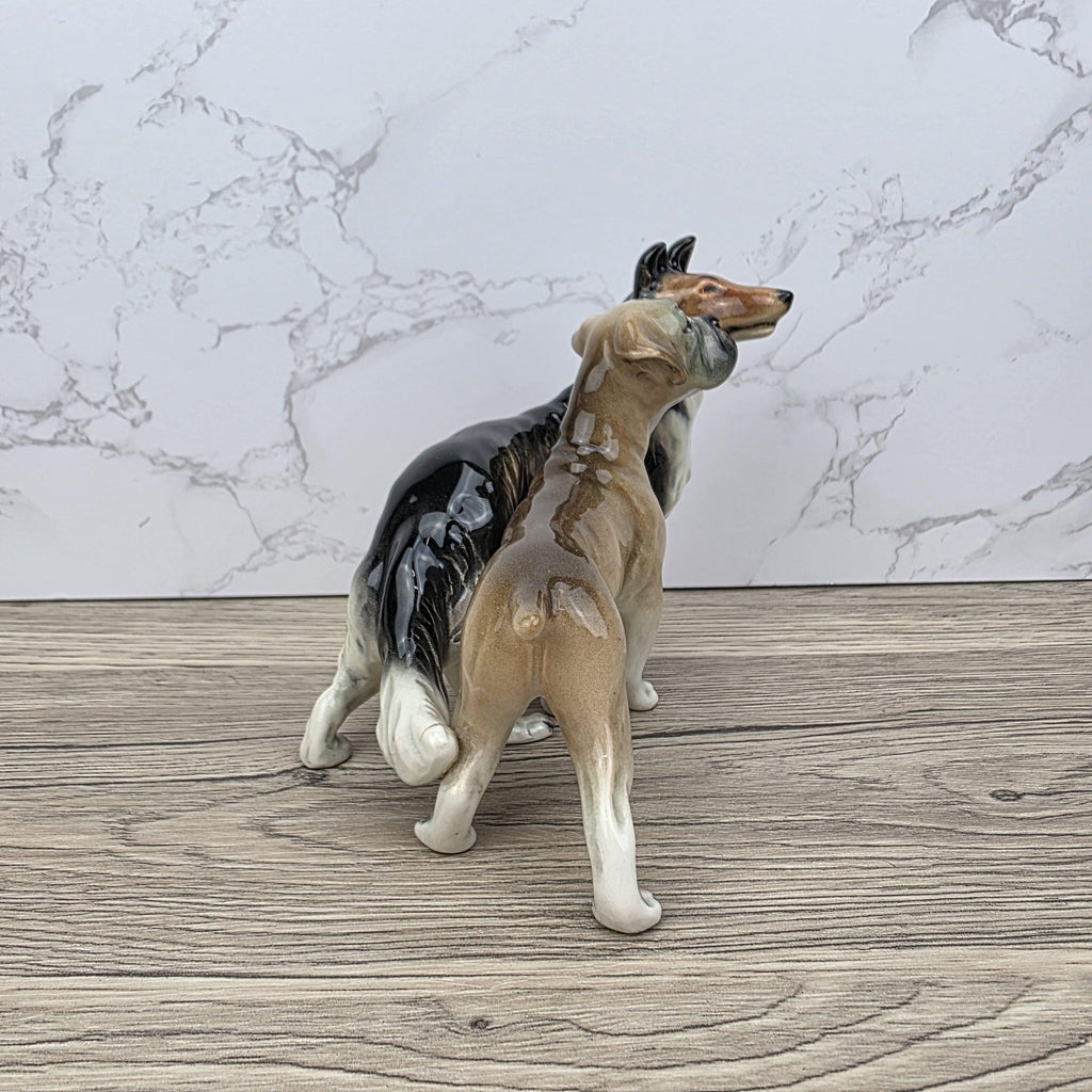 Vintage West Germany Porcelain Boxer & Collie Dog Figurine | Mid Century Ceramic Animal Sculpture