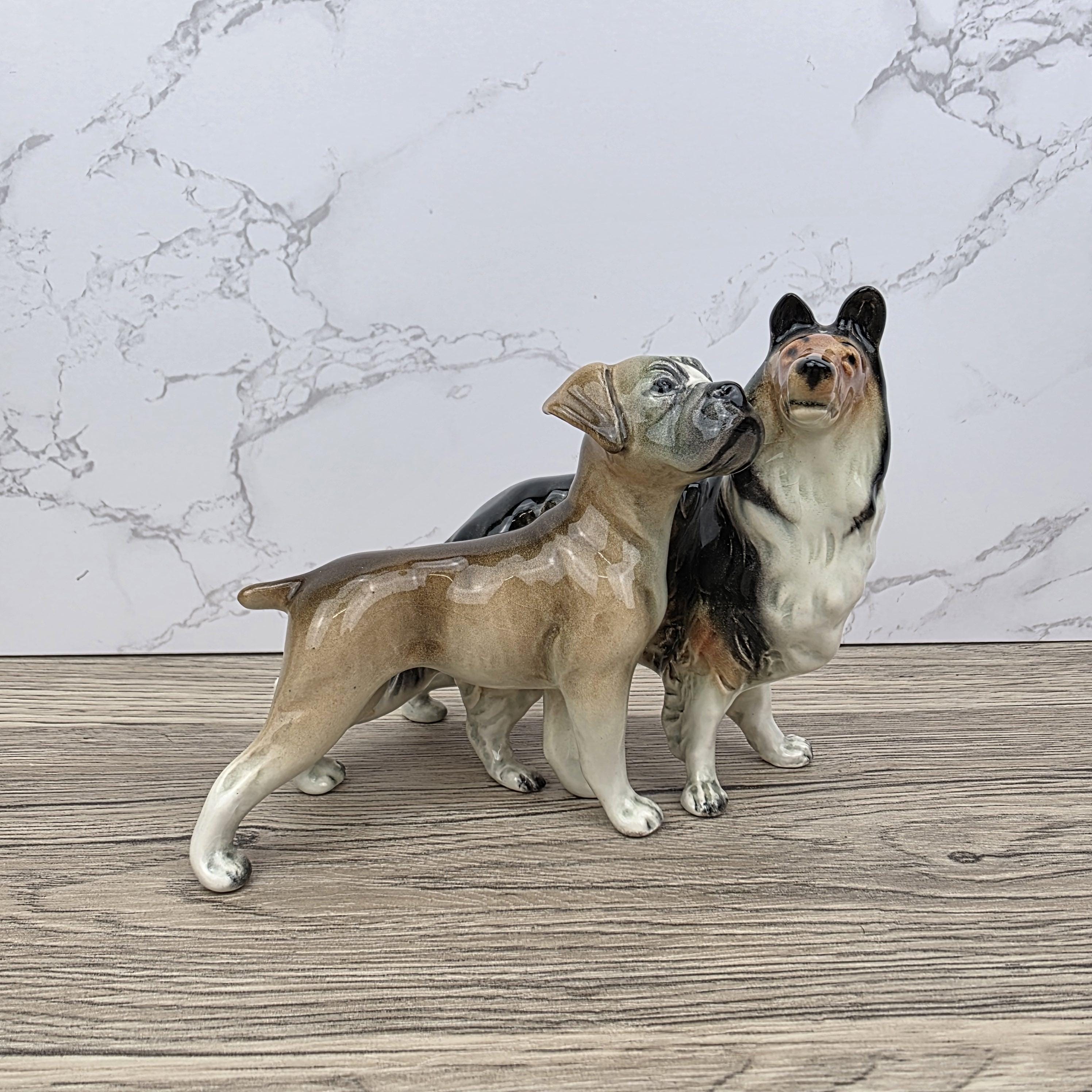 Vintage West Germany Porcelain Boxer & Collie Dog Figurine | Mid Century Ceramic Animal Sculpture
