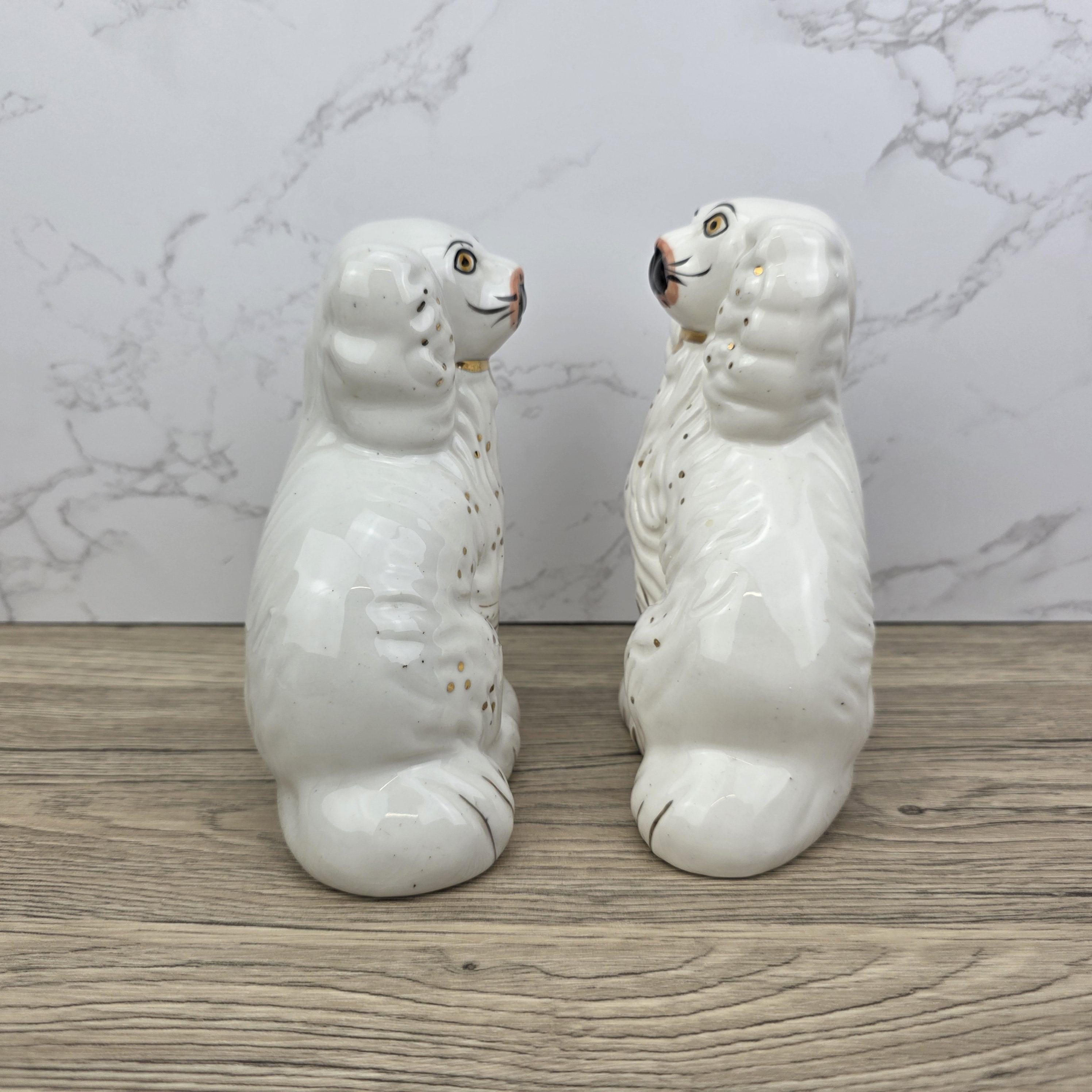Antique Staffordshire Dog Pair – White Ceramic Spaniels with Gilt Collars