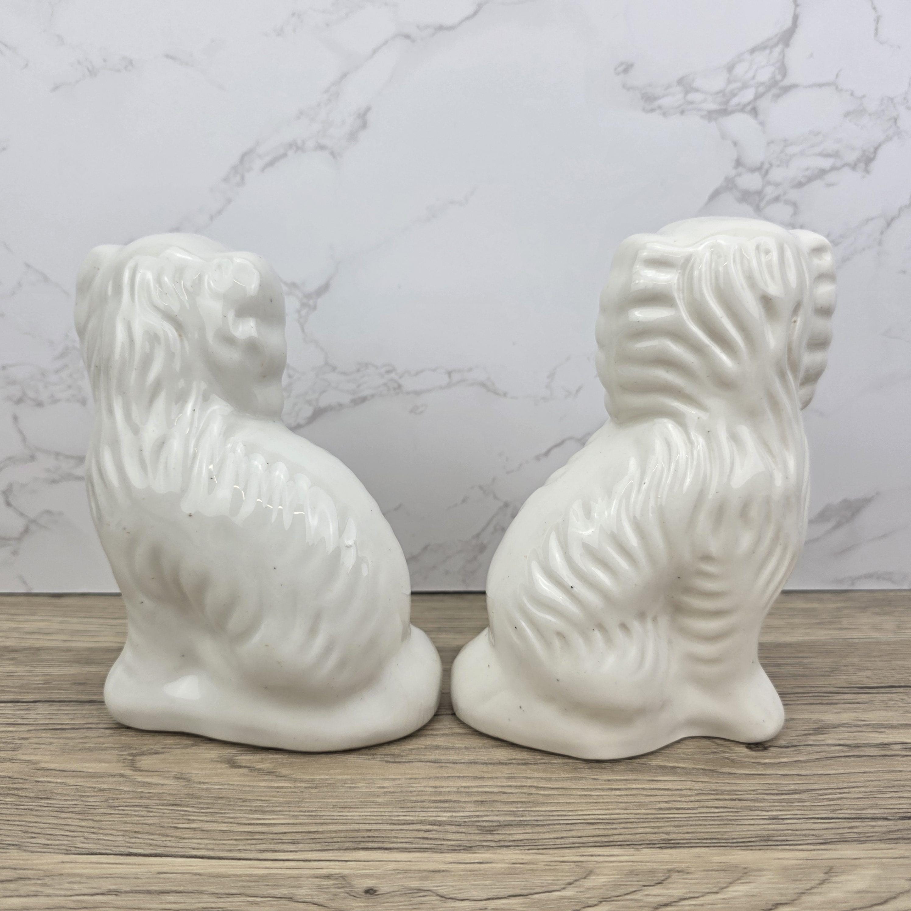 Antique Staffordshire Dog Pair – White Ceramic Spaniels with Gilt Collars
