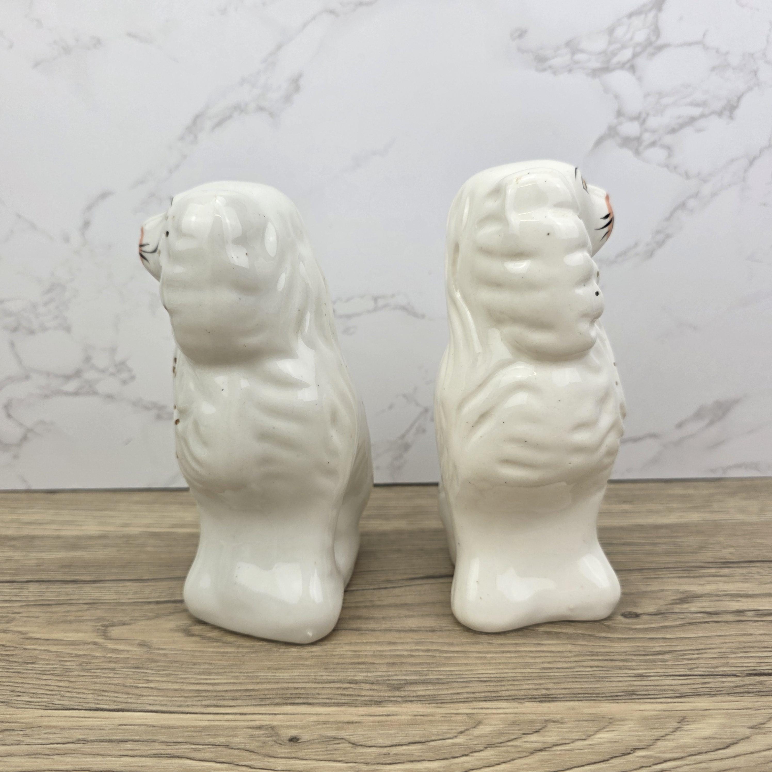 Antique Staffordshire Dog Pair – White Ceramic Spaniels with Gilt Collars