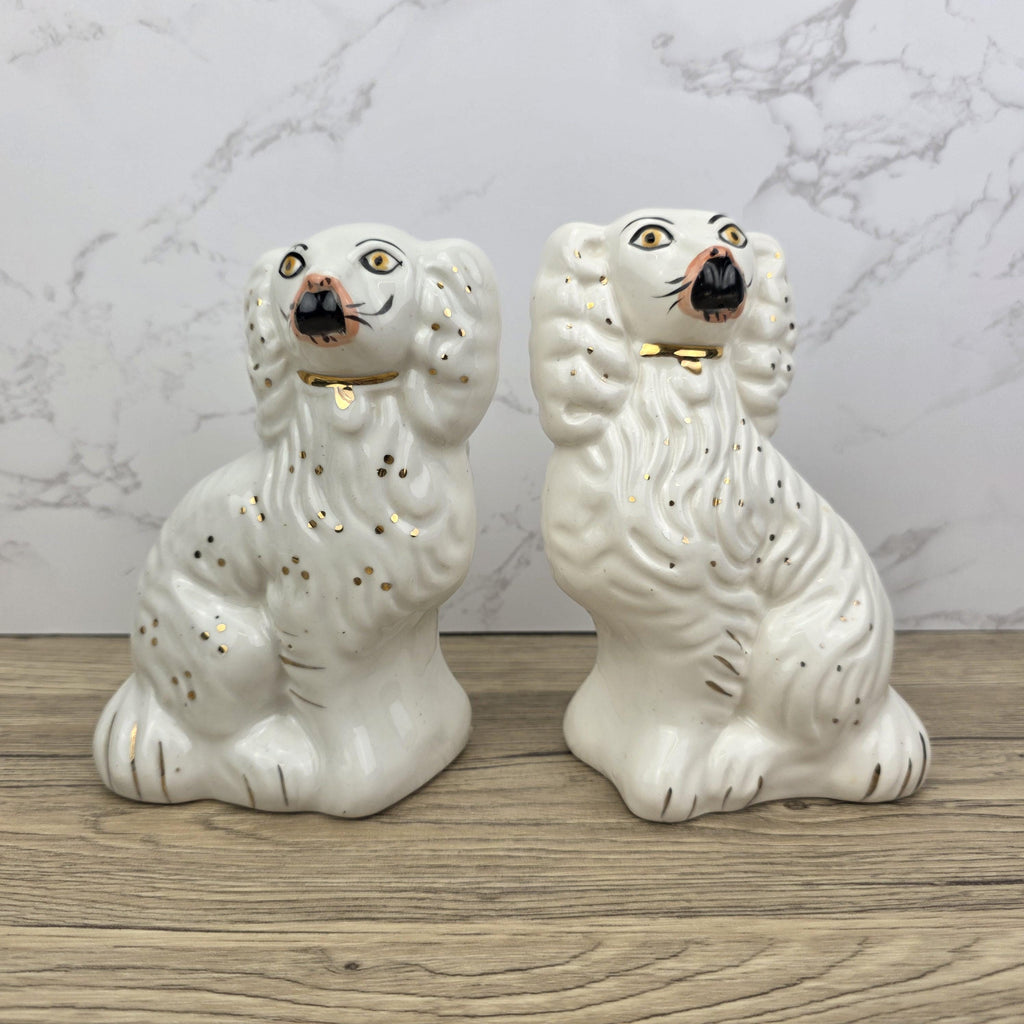 Antique Staffordshire Dog Pair – White Ceramic Spaniels with Gilt Collars