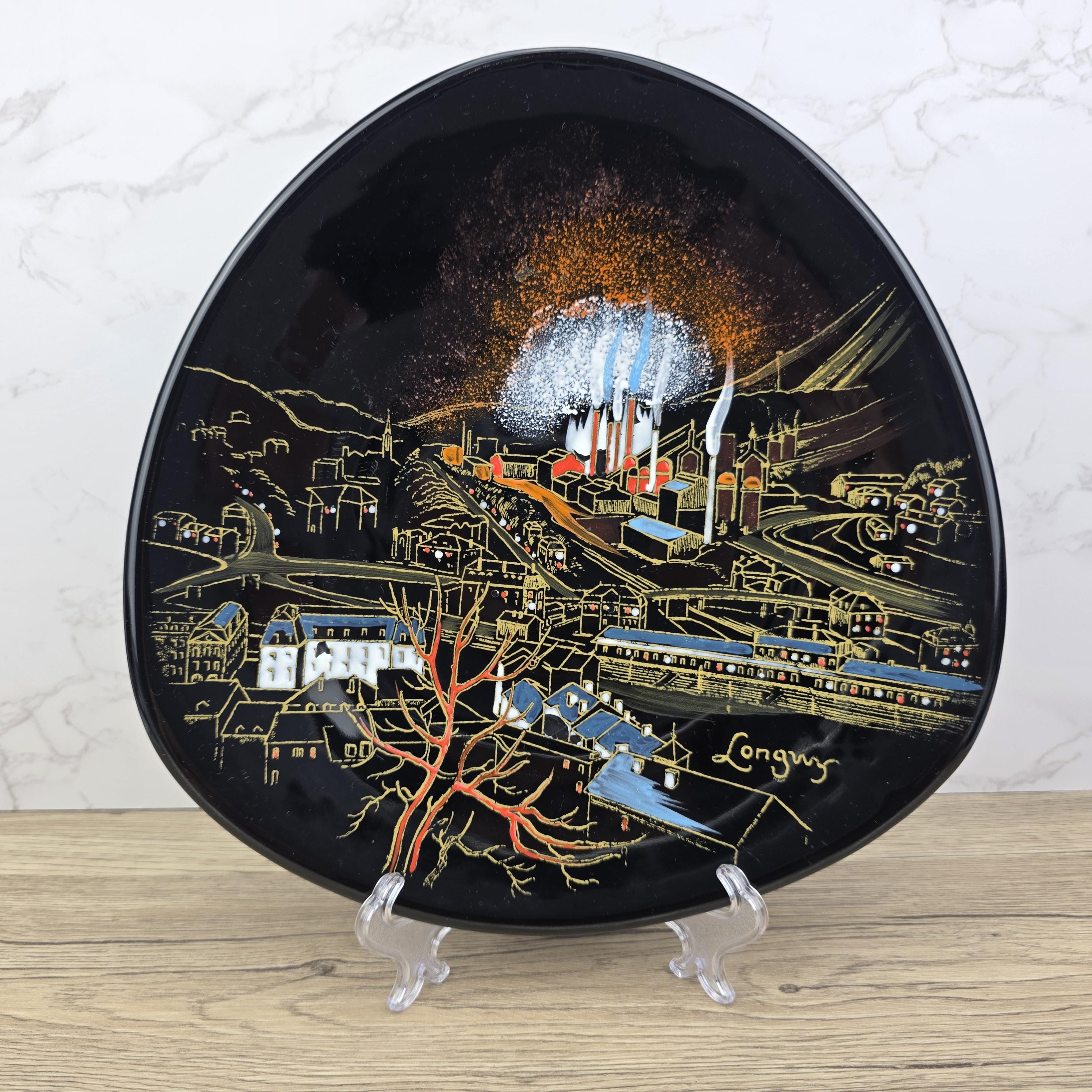 Vintage Longwy France Decorative Wall Plate Hand Painted “Industrial Cityscape” Black Ceramic Art Plate 27cm