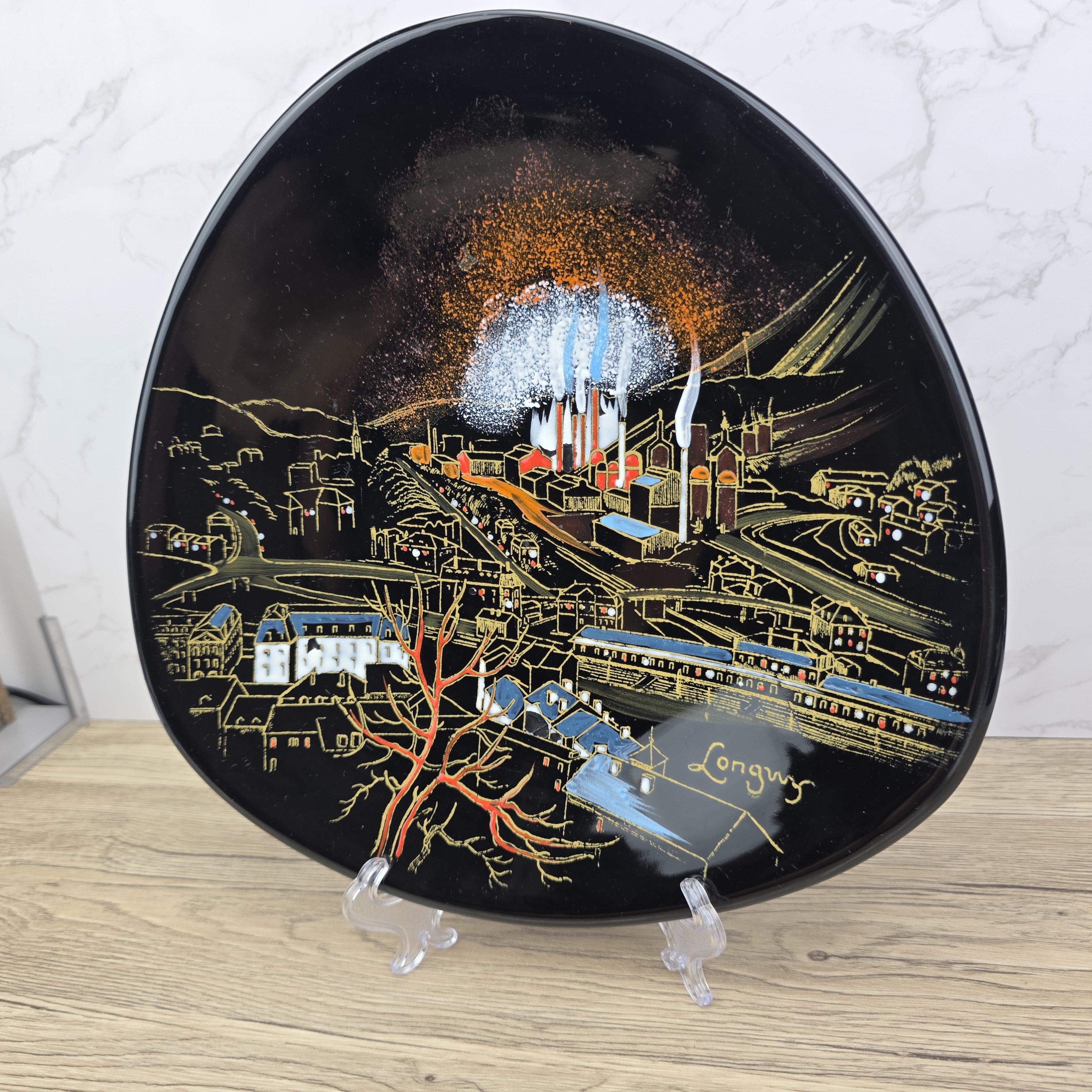 Vintage Longwy France Decorative Wall Plate Hand Painted “Industrial Cityscape” Black Ceramic Art Plate 27cm