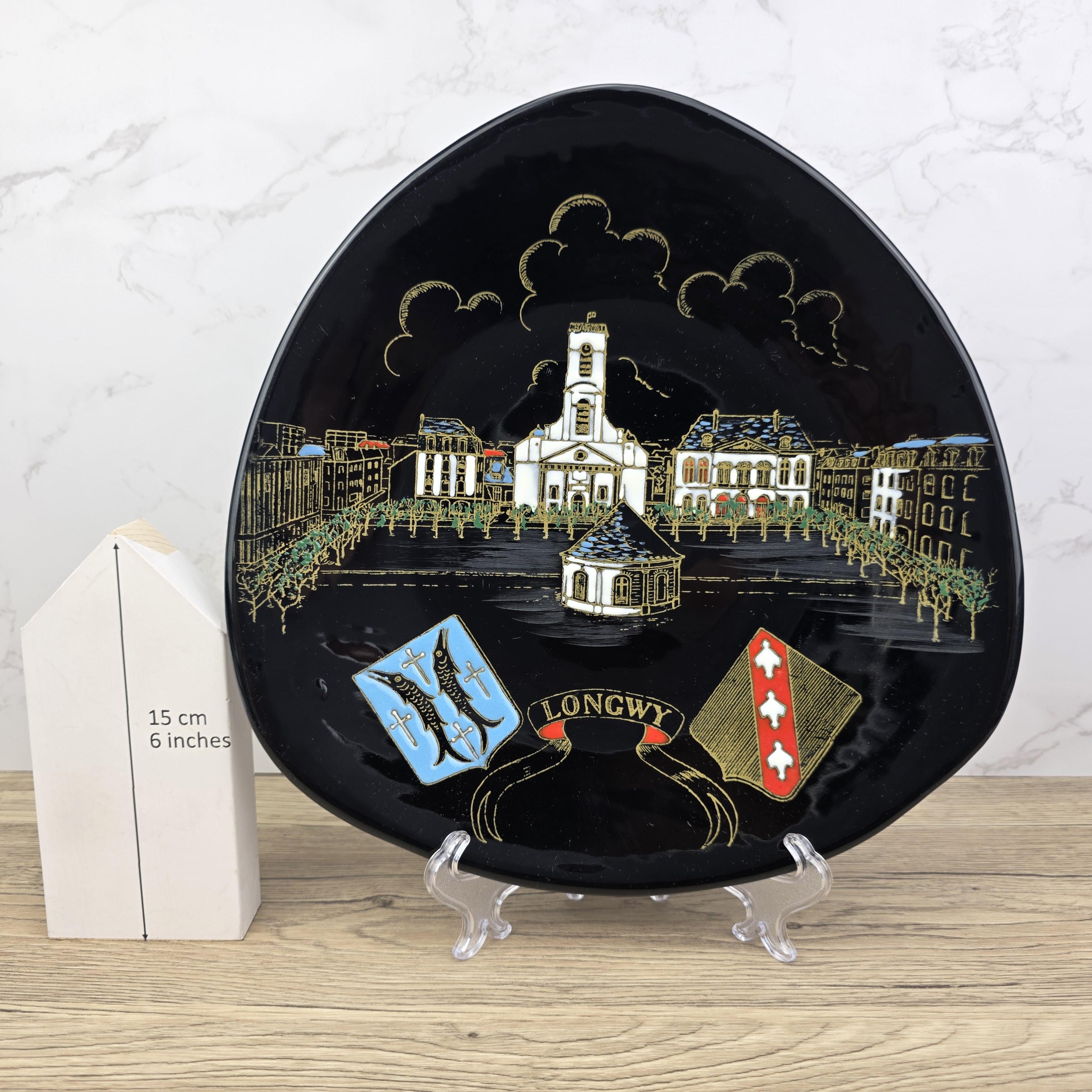 Vintage Longwy France Decorative Wall Plate “Place Darche” Hand Painted Black Enamel Grand Feu Ceramic Plate 27cm