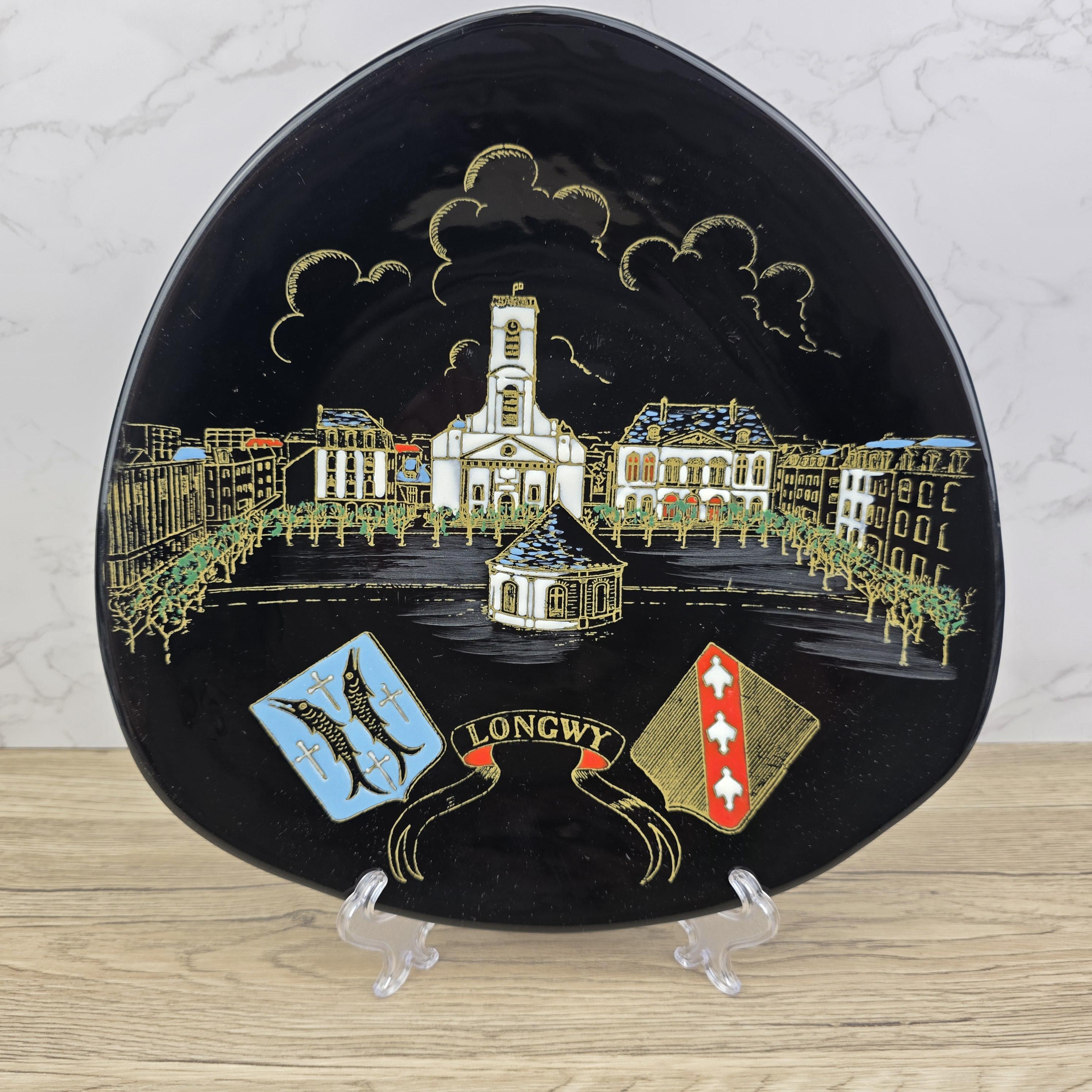 Vintage Longwy France Decorative Wall Plate “Place Darche” Hand Painted Black Enamel Grand Feu Ceramic Plate 27cm