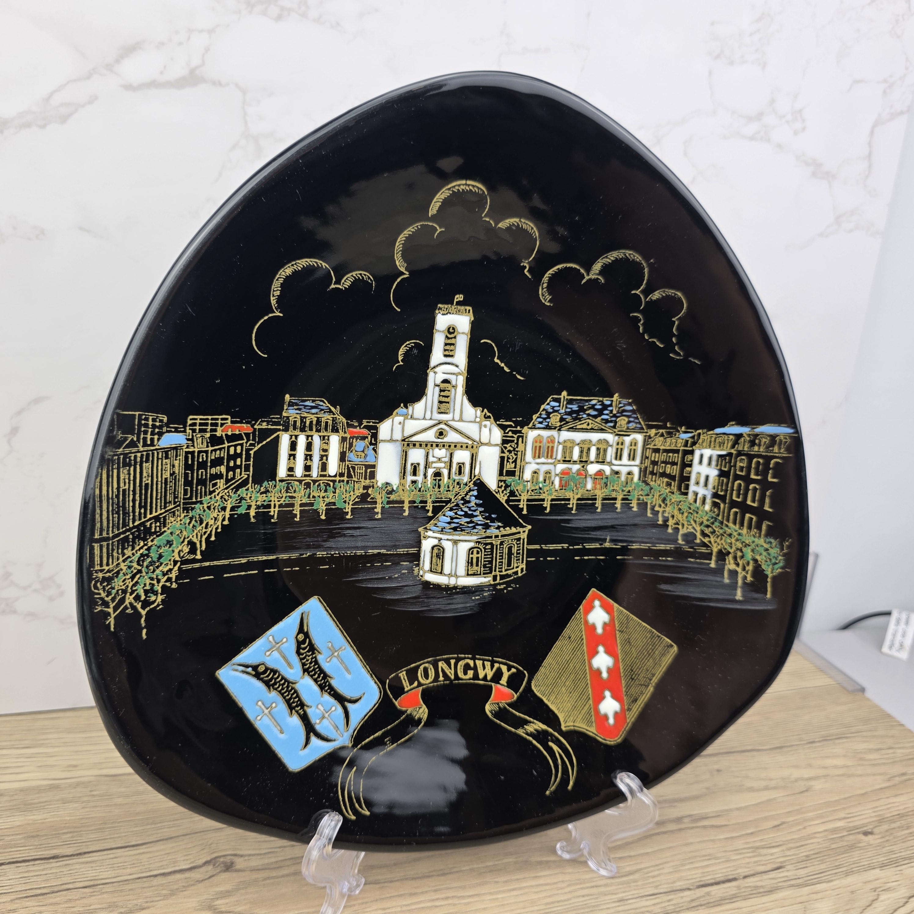 Vintage Longwy France Decorative Wall Plate “Place Darche” Hand Painted Black Enamel Grand Feu Ceramic Plate 27cm
