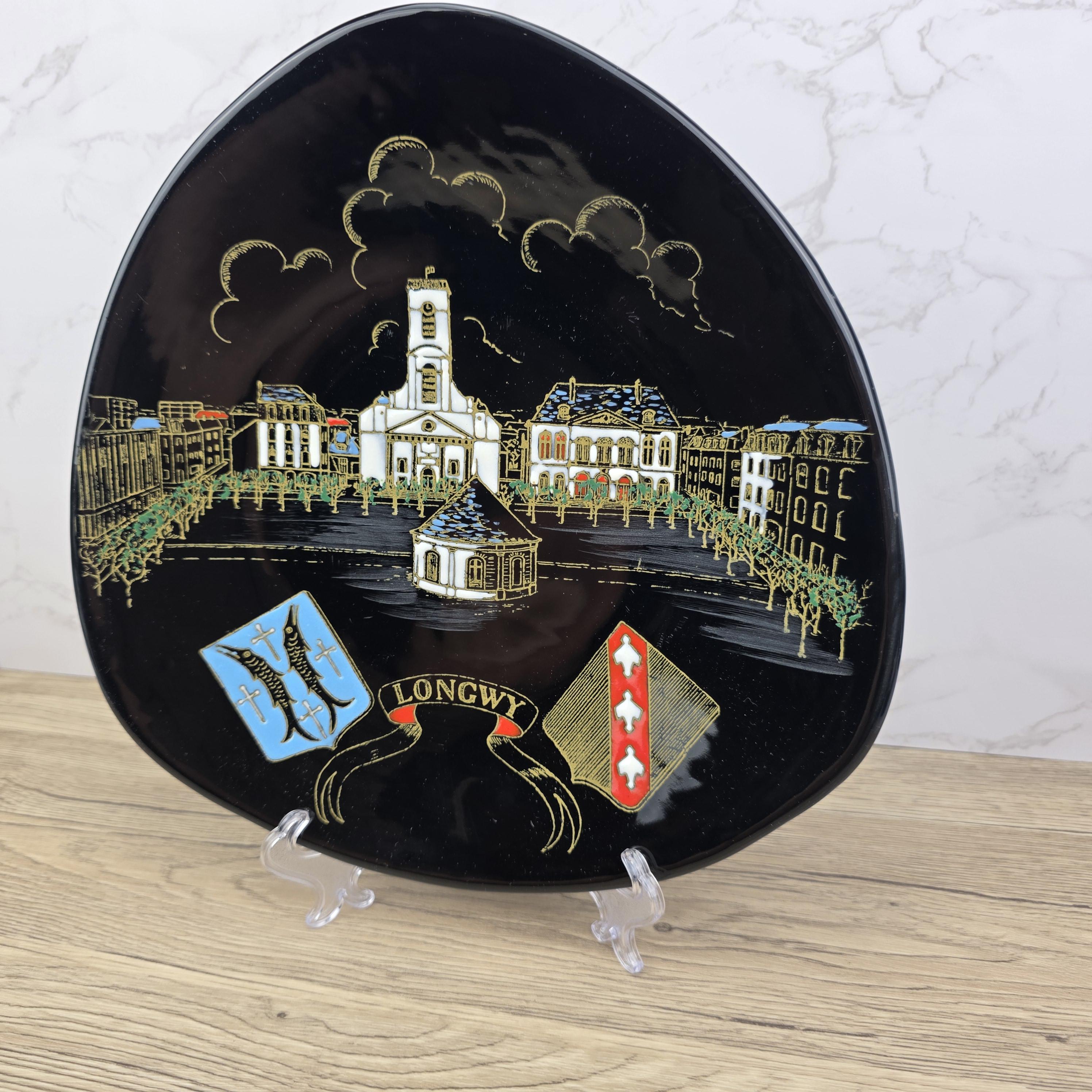 Vintage Longwy France Decorative Wall Plate “Place Darche” Hand Painted Black Enamel Grand Feu Ceramic Plate 27cm