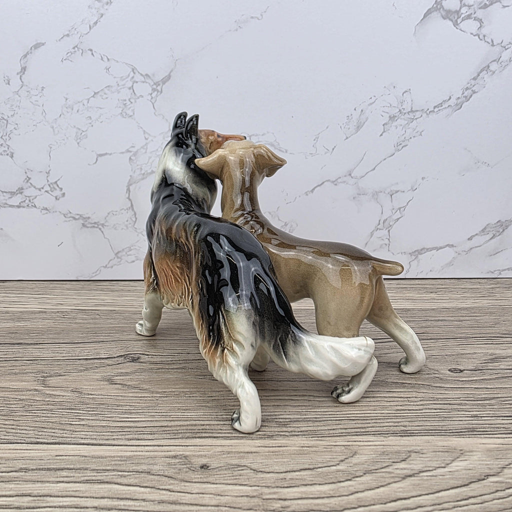 Vintage West Germany Porcelain Boxer & Collie Dog Figurine | Mid Century Ceramic Animal Sculpture