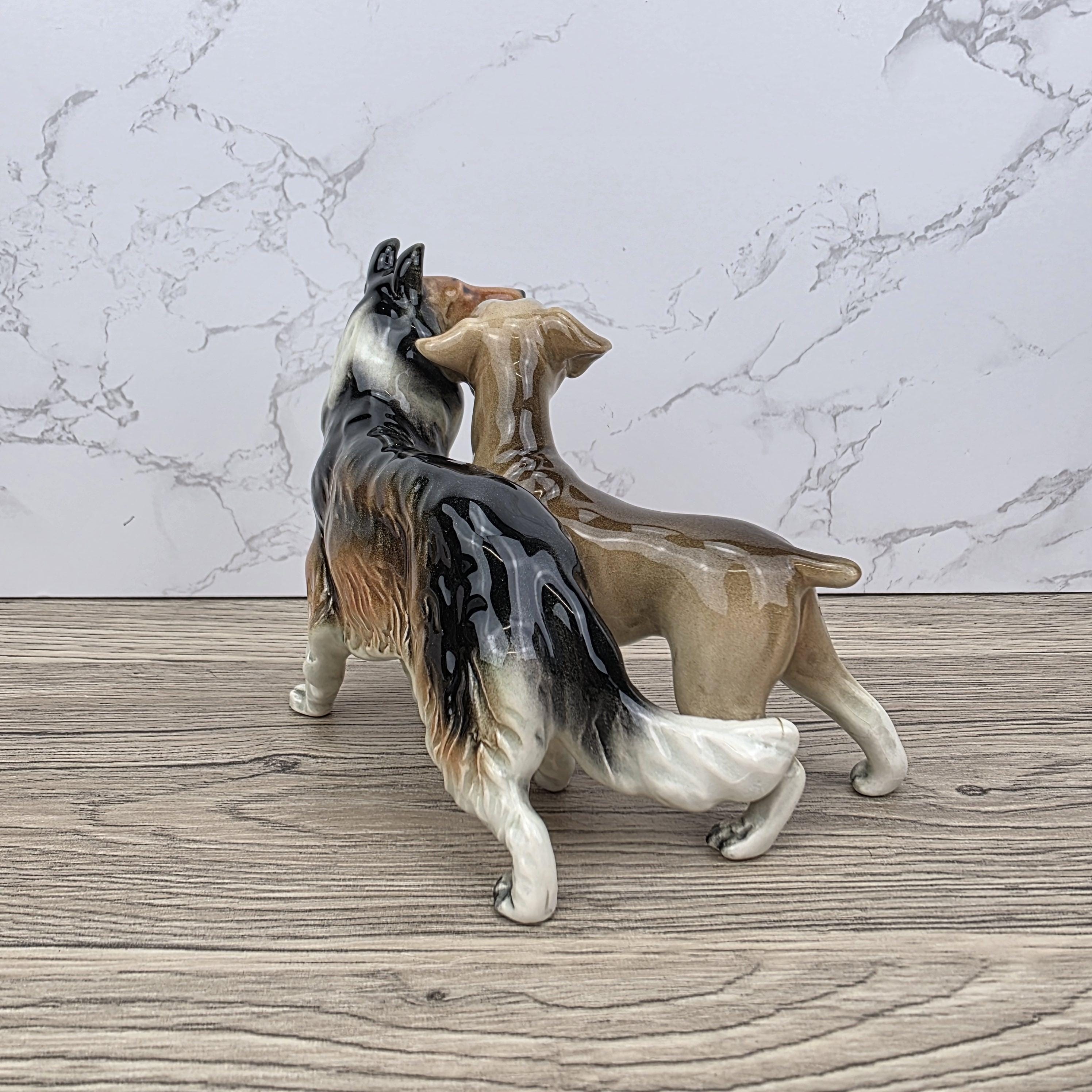 Vintage West Germany Porcelain Boxer & Collie Dog Figurine | Mid Century Ceramic Animal Sculpture