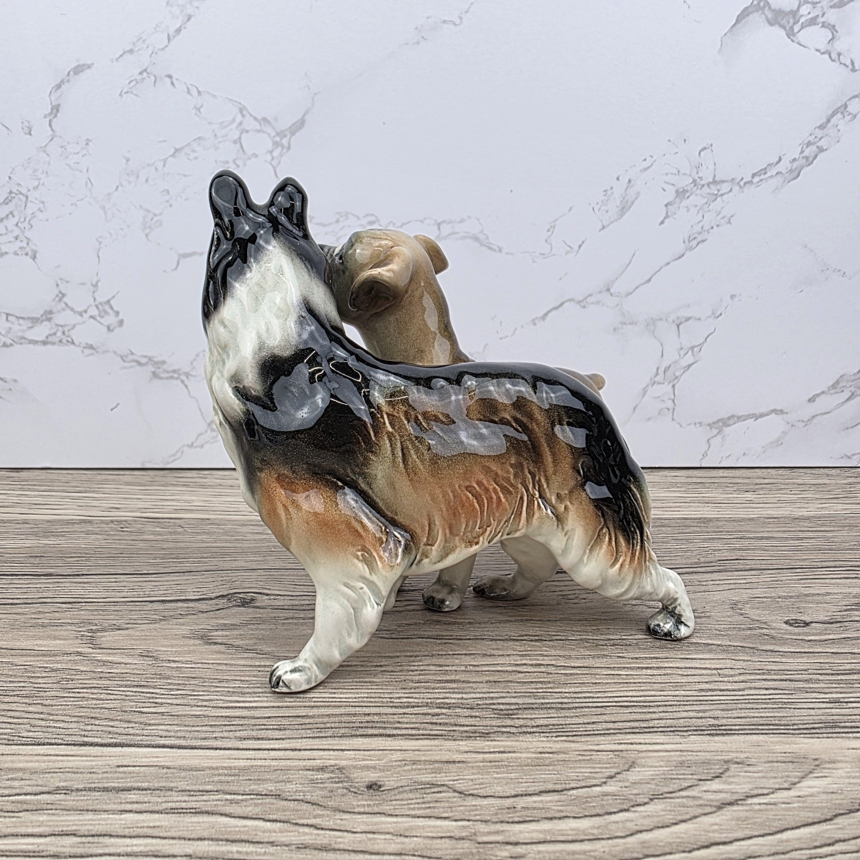 Vintage West Germany Porcelain Boxer & Collie Dog Figurine | Mid Century Ceramic Animal Sculpture