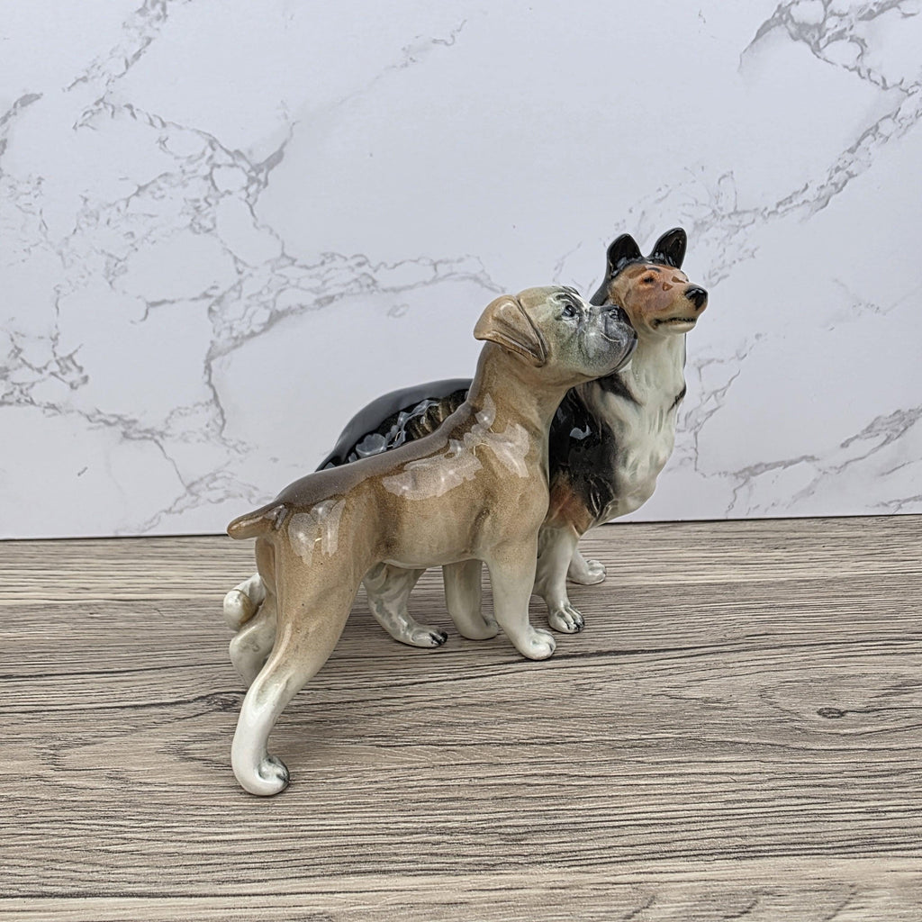 Vintage West Germany Porcelain Boxer & Collie Dog Figurine | Mid Century Ceramic Animal Sculpture