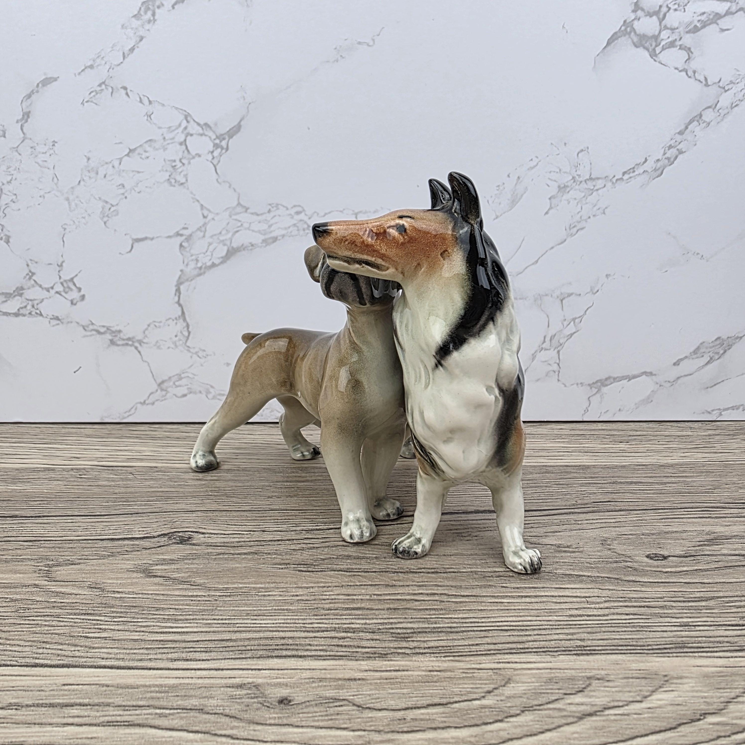 Vintage West Germany Porcelain Boxer & Collie Dog Figurine | Mid Century Ceramic Animal Sculpture