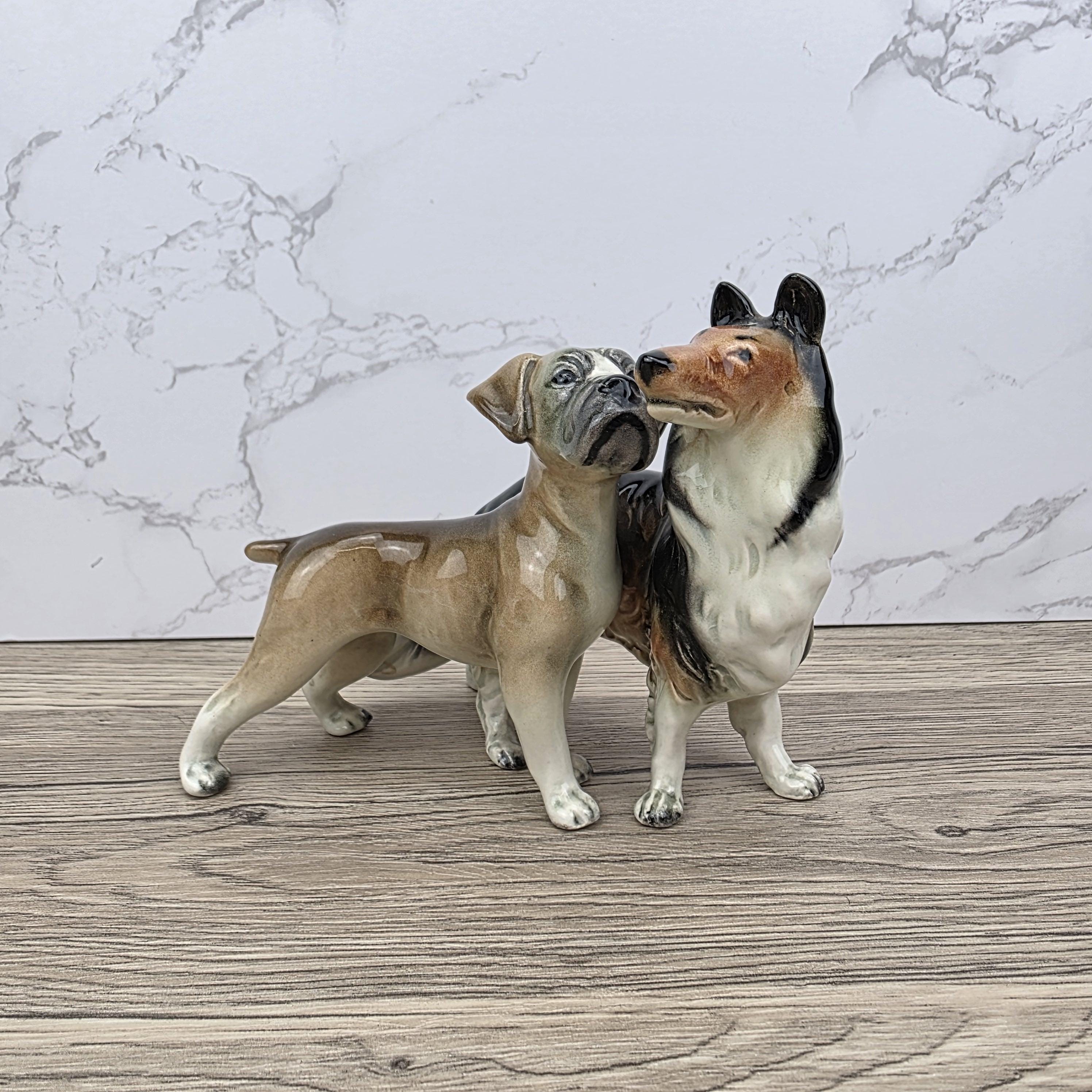 Vintage West Germany Porcelain Boxer & Collie Dog Figurine | Mid Century Ceramic Animal Sculpture