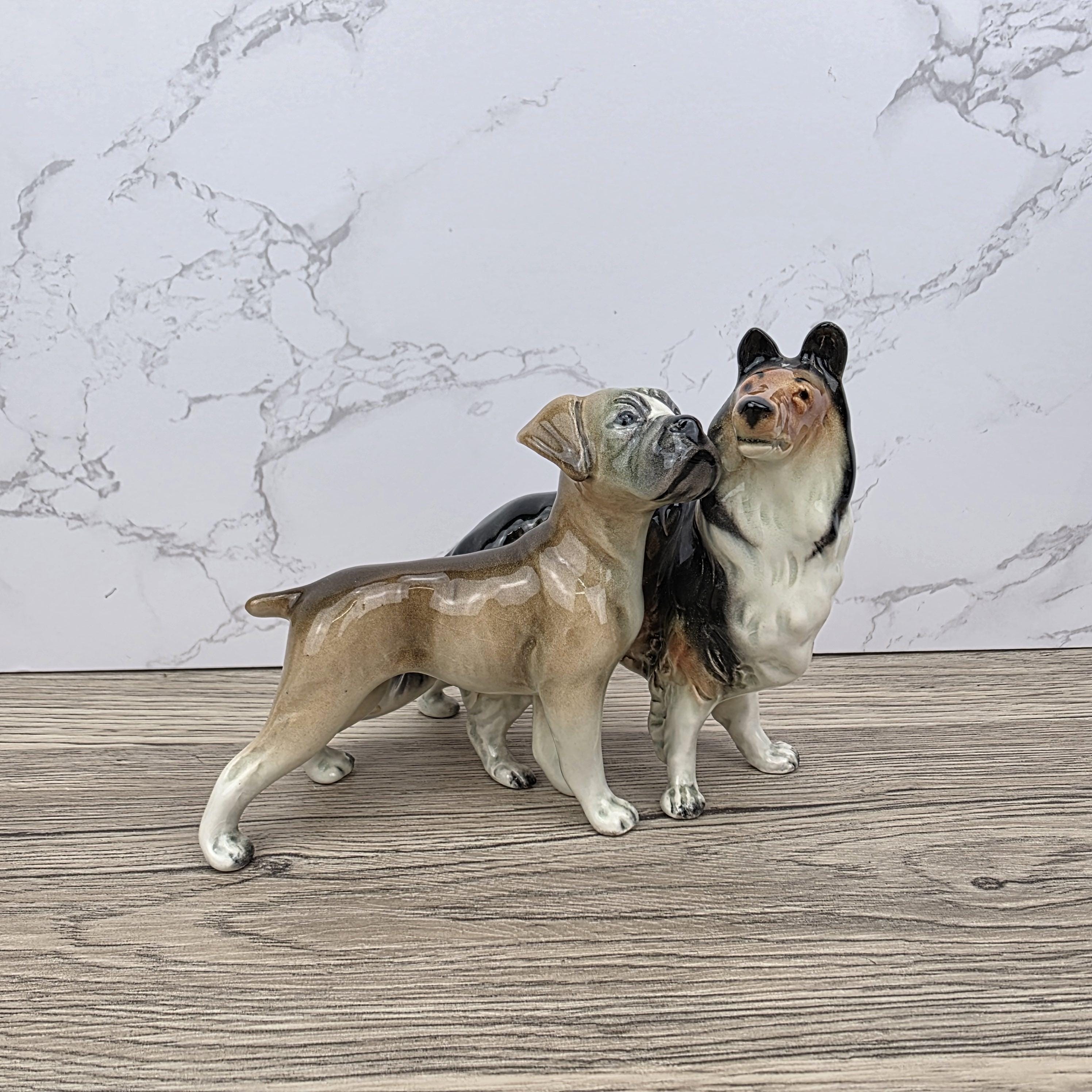 Vintage West Germany Porcelain Boxer & Collie Dog Figurine | Mid Century Ceramic Animal Sculpture