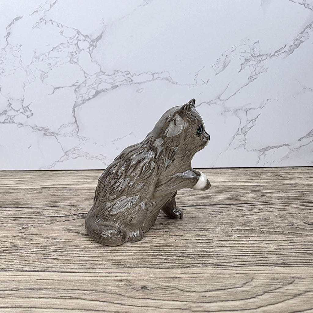Royal Doulton Persian Cat Figurine | HN2584 Fluffy Grey Cat with White Paw | Vintage English Collectible