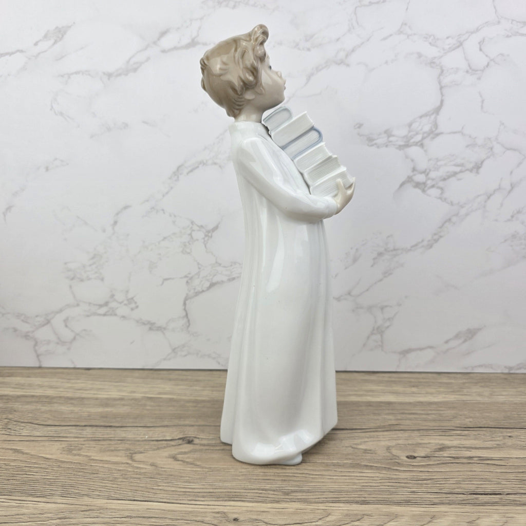 NAO by Lladro “The Little Scholar” Vintage Porcelain Figurine | Boy Holding Books | Handcrafted Glazed Porcelain