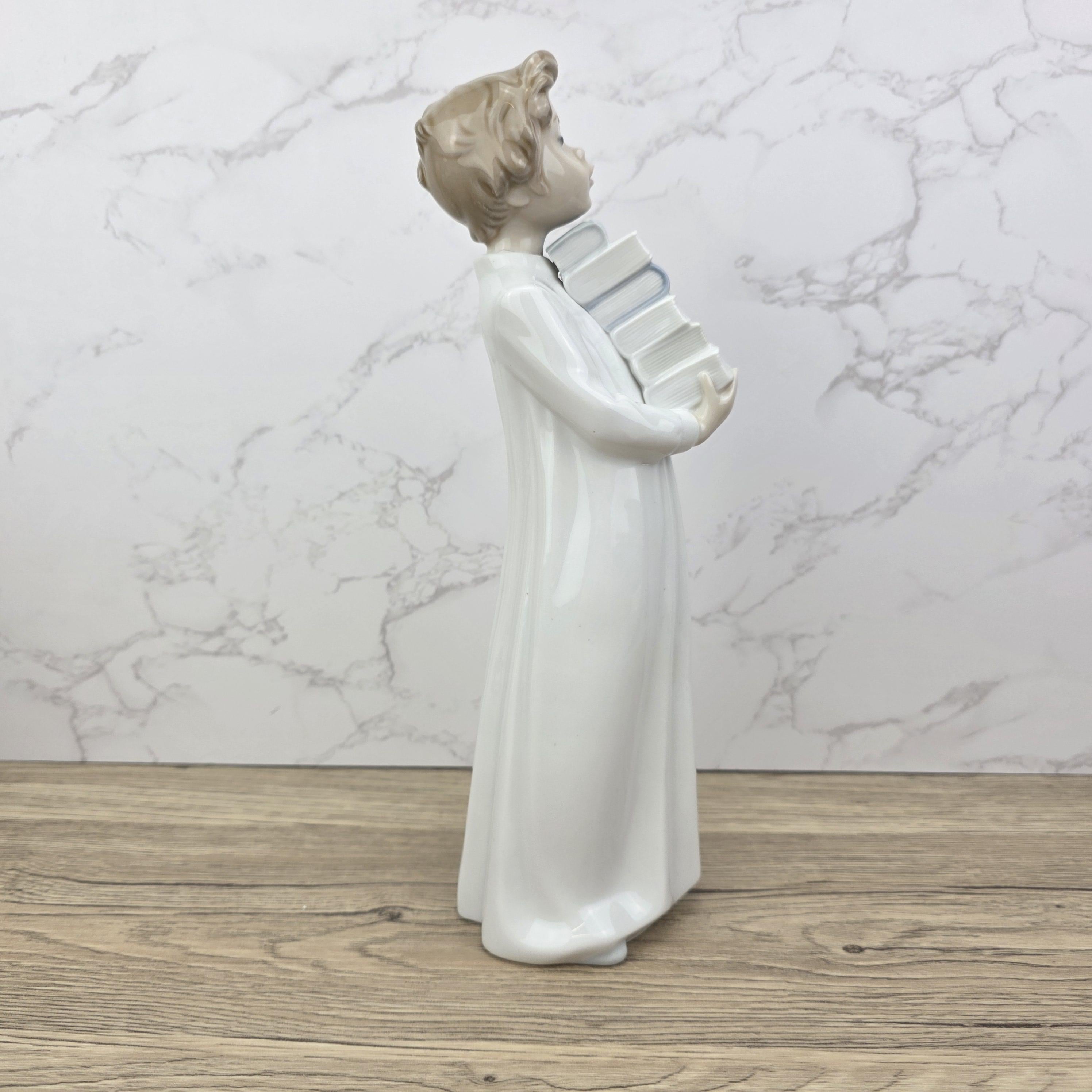 NAO by Lladro “The Little Scholar” Vintage Porcelain Figurine | Boy Holding Books | Handcrafted Glazed Porcelain