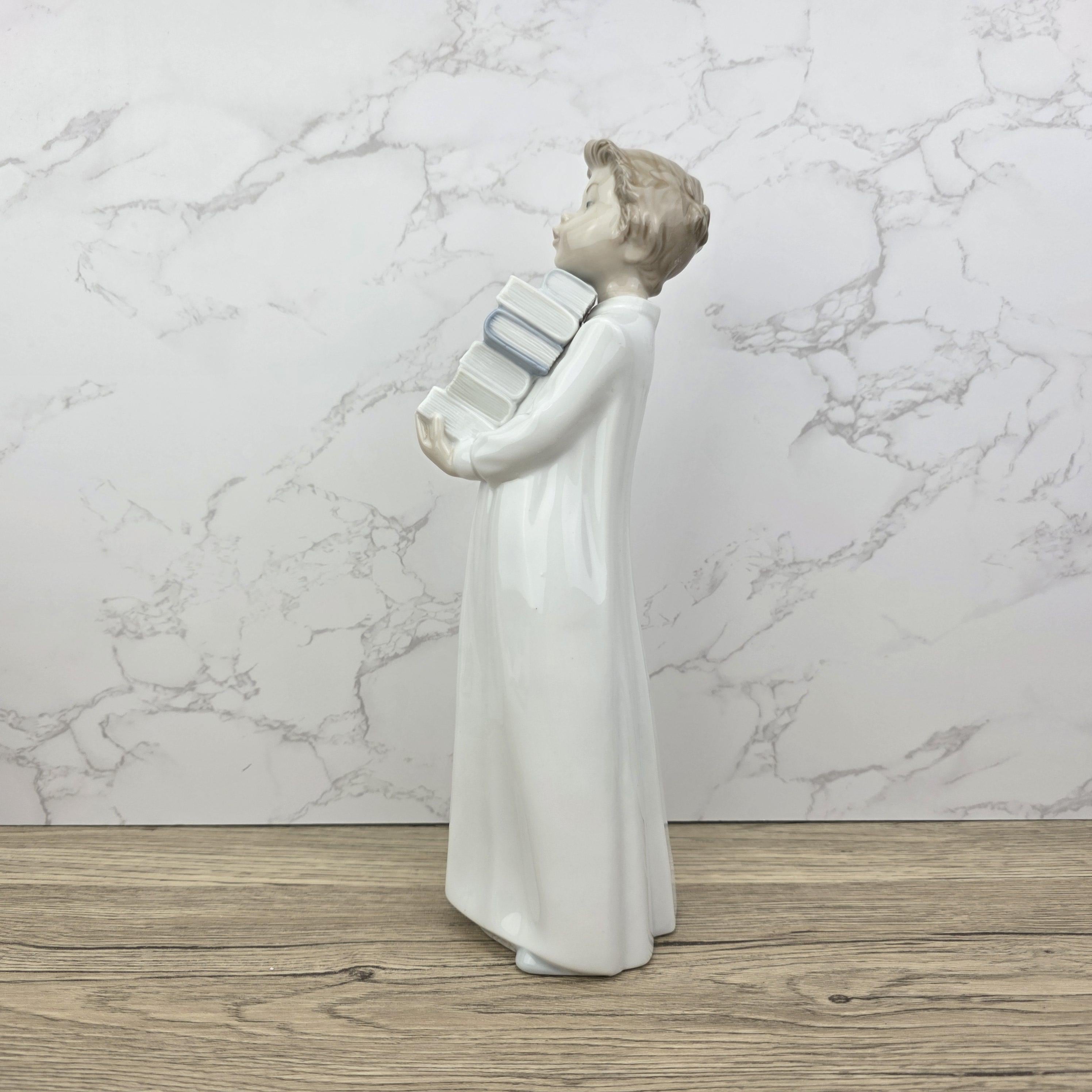 NAO by Lladro “The Little Scholar” Vintage Porcelain Figurine | Boy Holding Books | Handcrafted Glazed Porcelain
