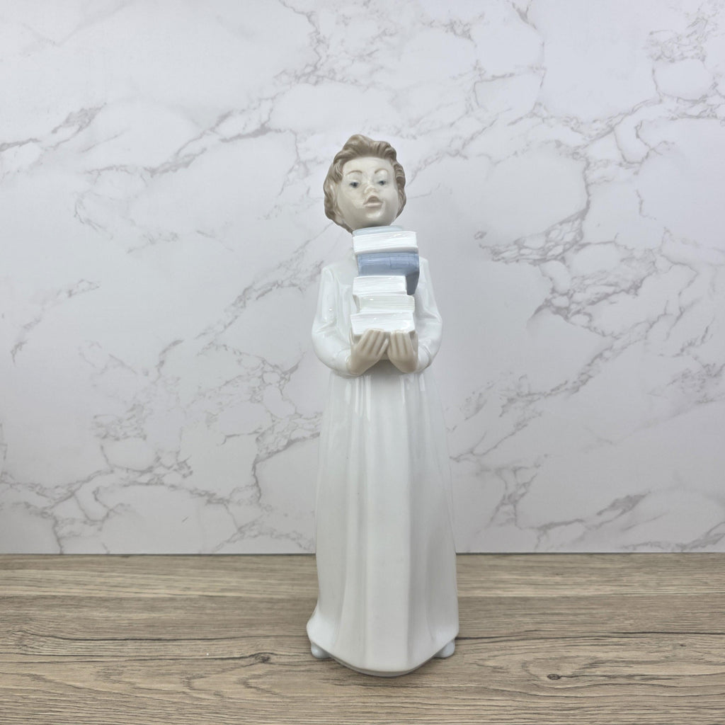 NAO by Lladro “The Little Scholar” Vintage Porcelain Figurine | Boy Holding Books | Handcrafted Glazed Porcelain