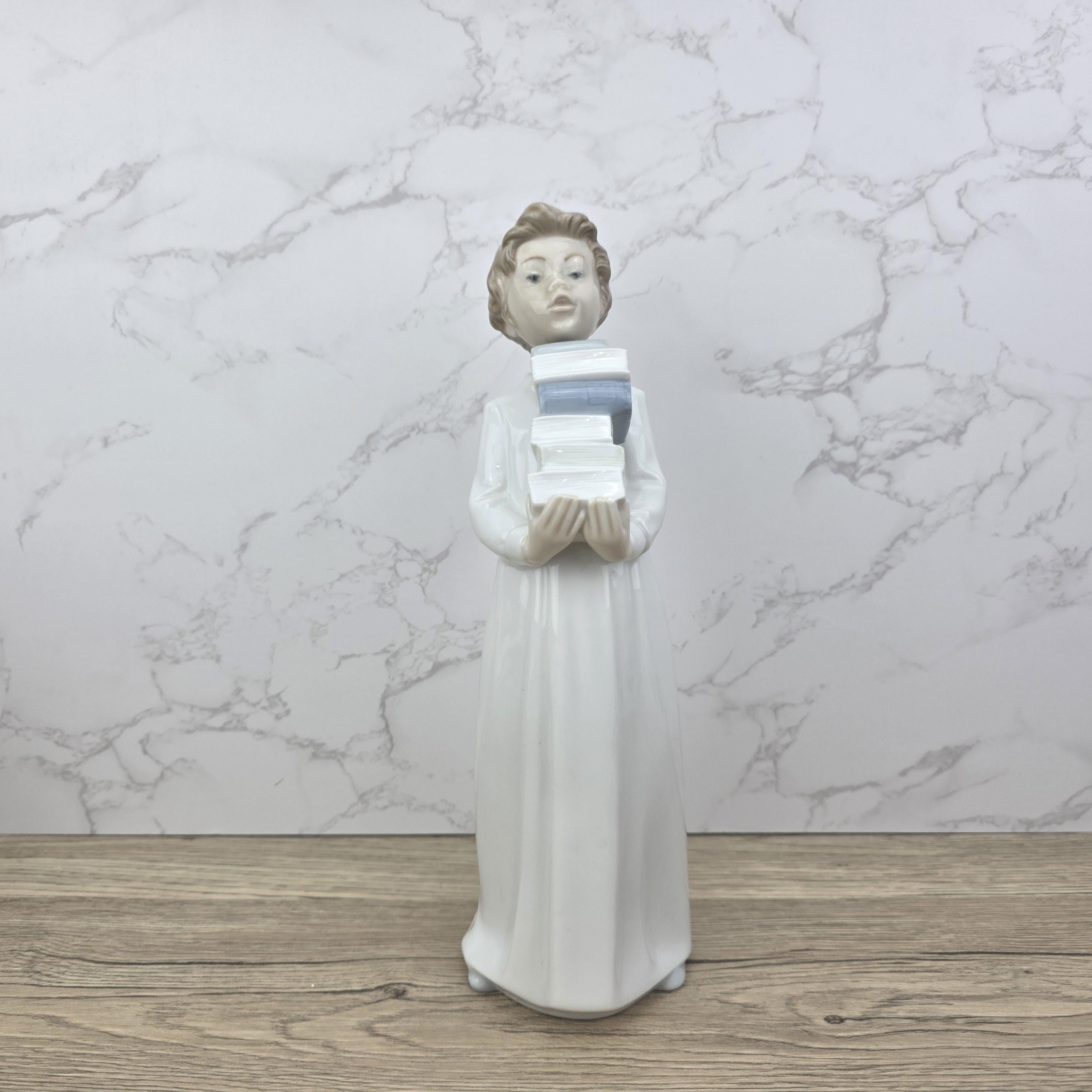 NAO by Lladro “The Little Scholar” Vintage Porcelain Figurine | Boy Holding Books | Handcrafted Glazed Porcelain