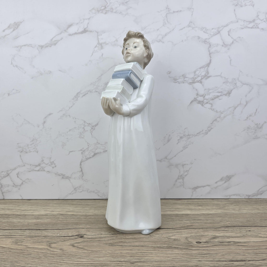 NAO by Lladro “The Little Scholar” Vintage Porcelain Figurine | Boy Holding Books | Handcrafted Glazed Porcelain