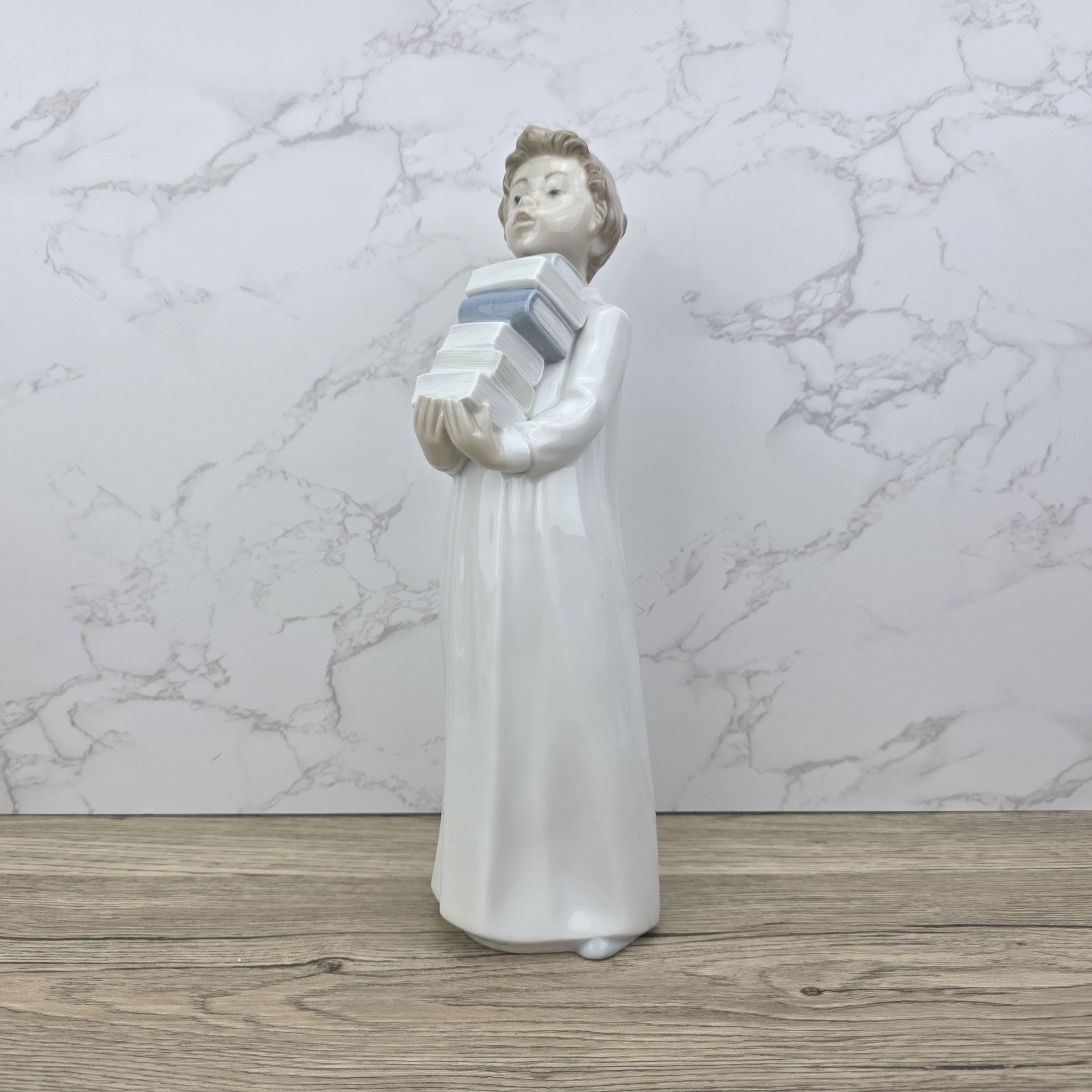 NAO by Lladro “The Little Scholar” Vintage Porcelain Figurine | Boy Holding Books | Handcrafted Glazed Porcelain