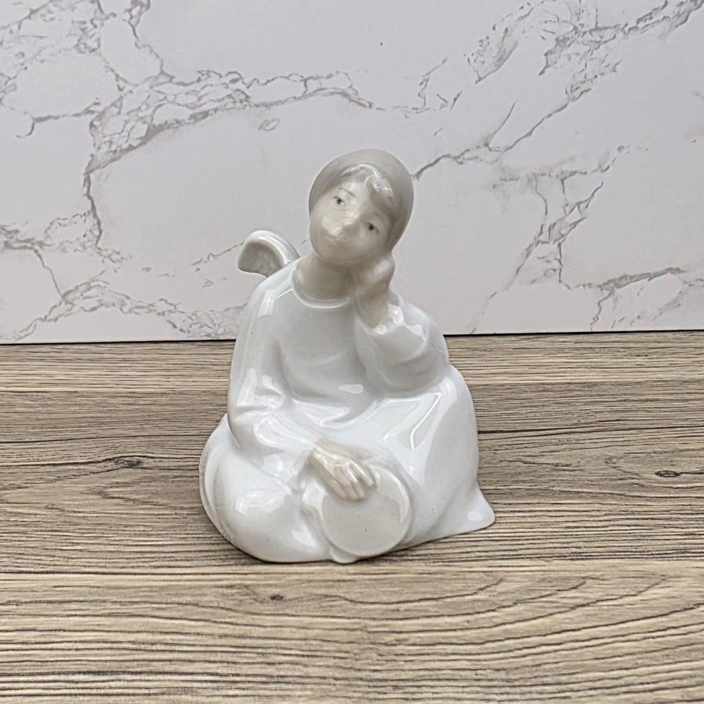NAO Lladro Porcelain Angel Figurine | Seated Dreaming Angel, Drum
