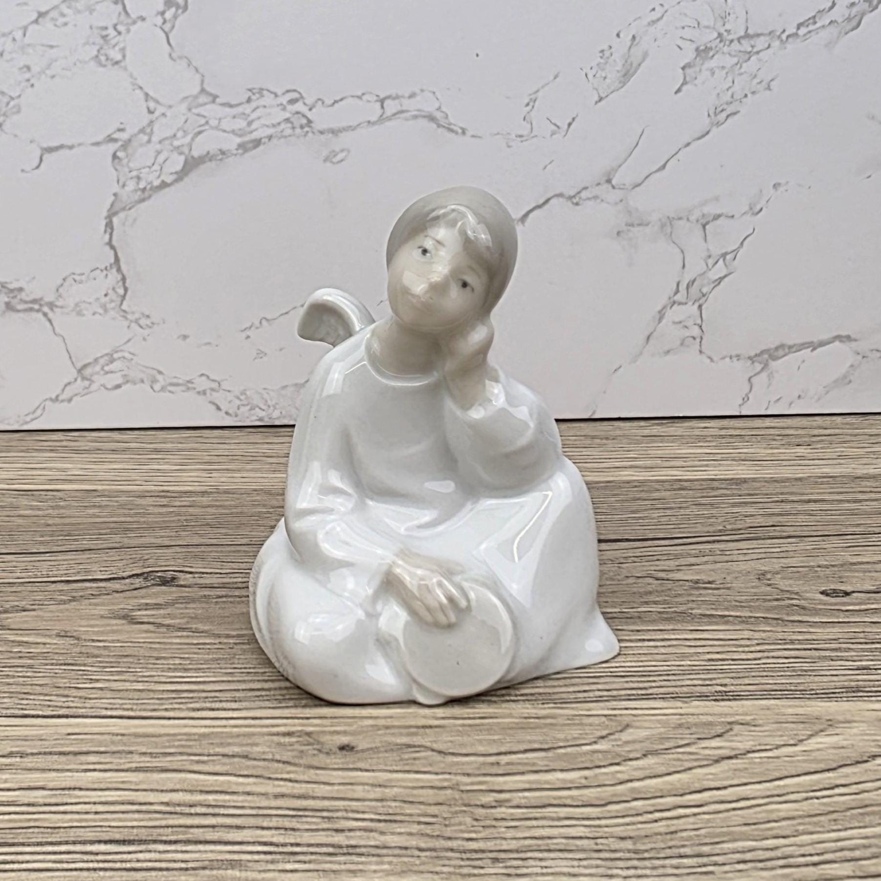 NAO Lladro Porcelain Angel Figurine | Seated Dreaming Angel, Drum