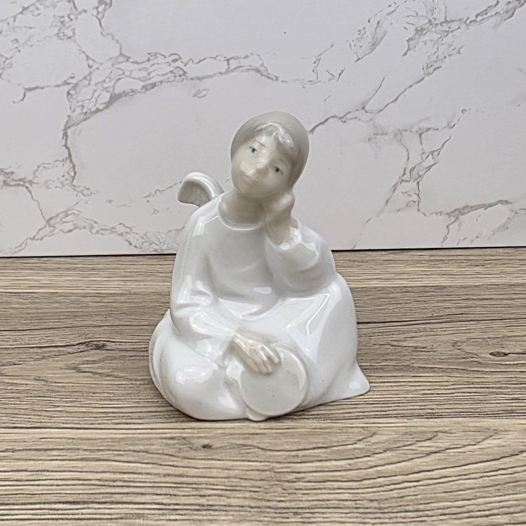 NAO Lladro Porcelain Angel Figurine | Seated Dreaming Angel, Drum
