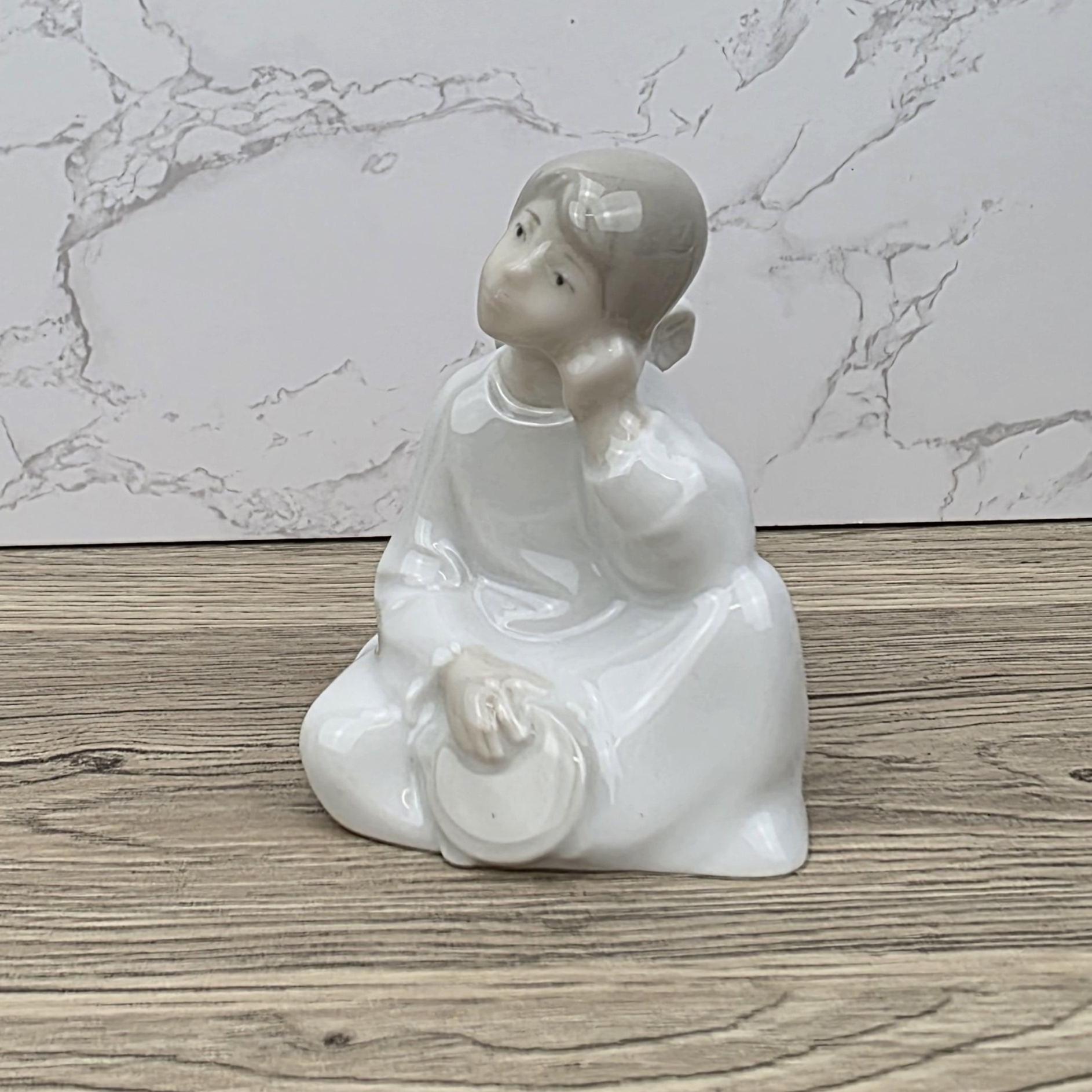 NAO Lladro Porcelain Angel Figurine | Seated Dreaming Angel, Drum