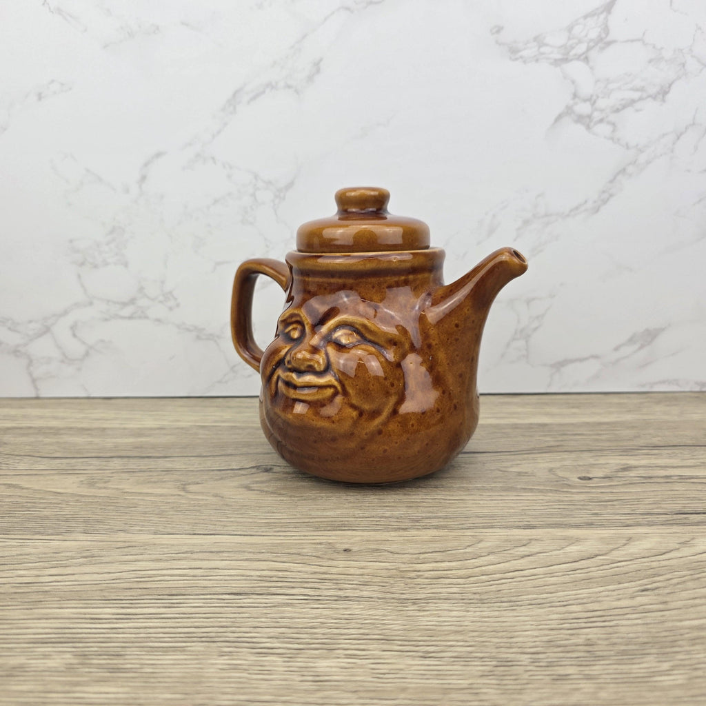 Vintage Brown Glazed Ceramic Teapot with Smiling Face Design |Pottery Kitchen Decor | Collectible Retro
