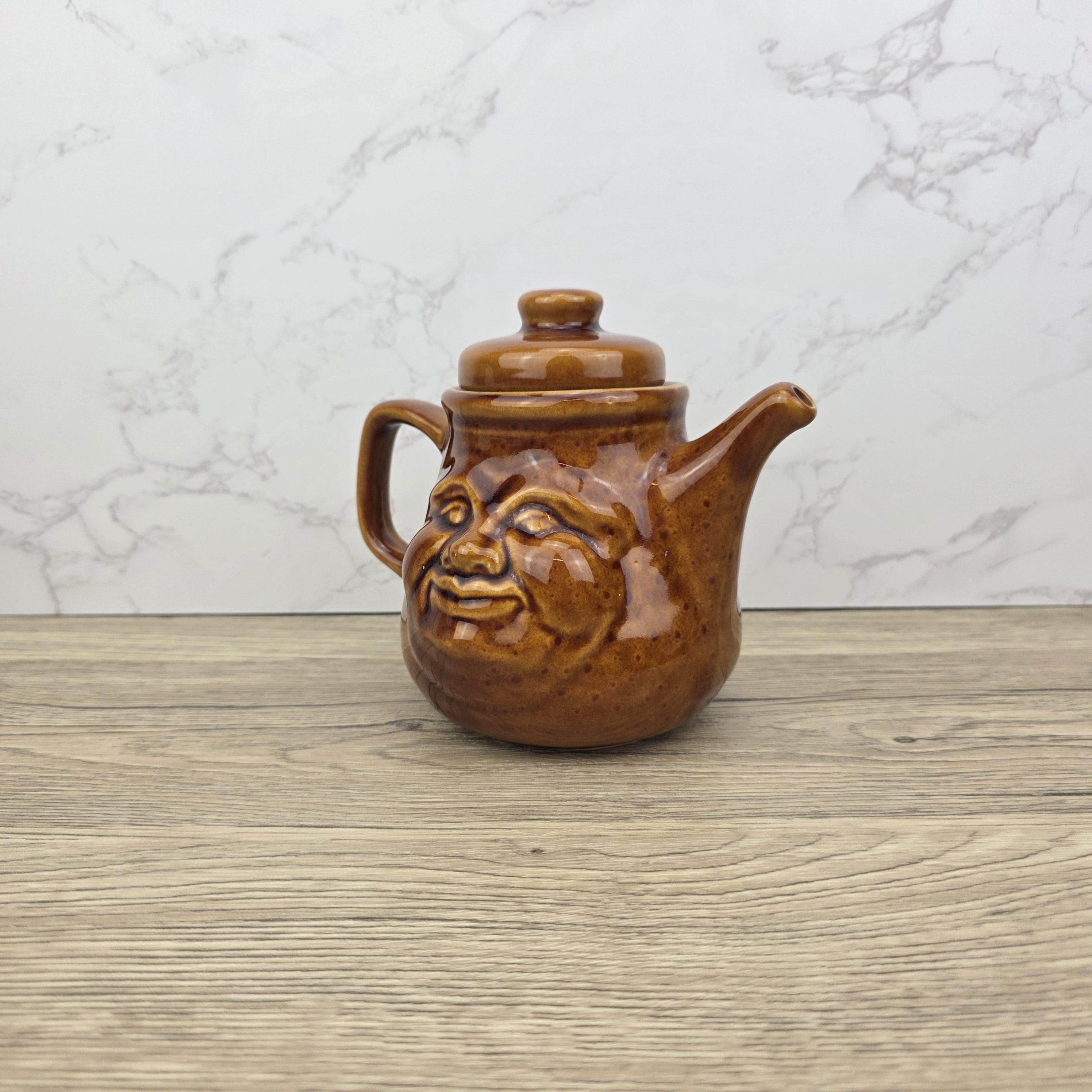 Vintage Brown Glazed Ceramic Teapot with Smiling Face Design |Pottery Kitchen Decor | Collectible Retro