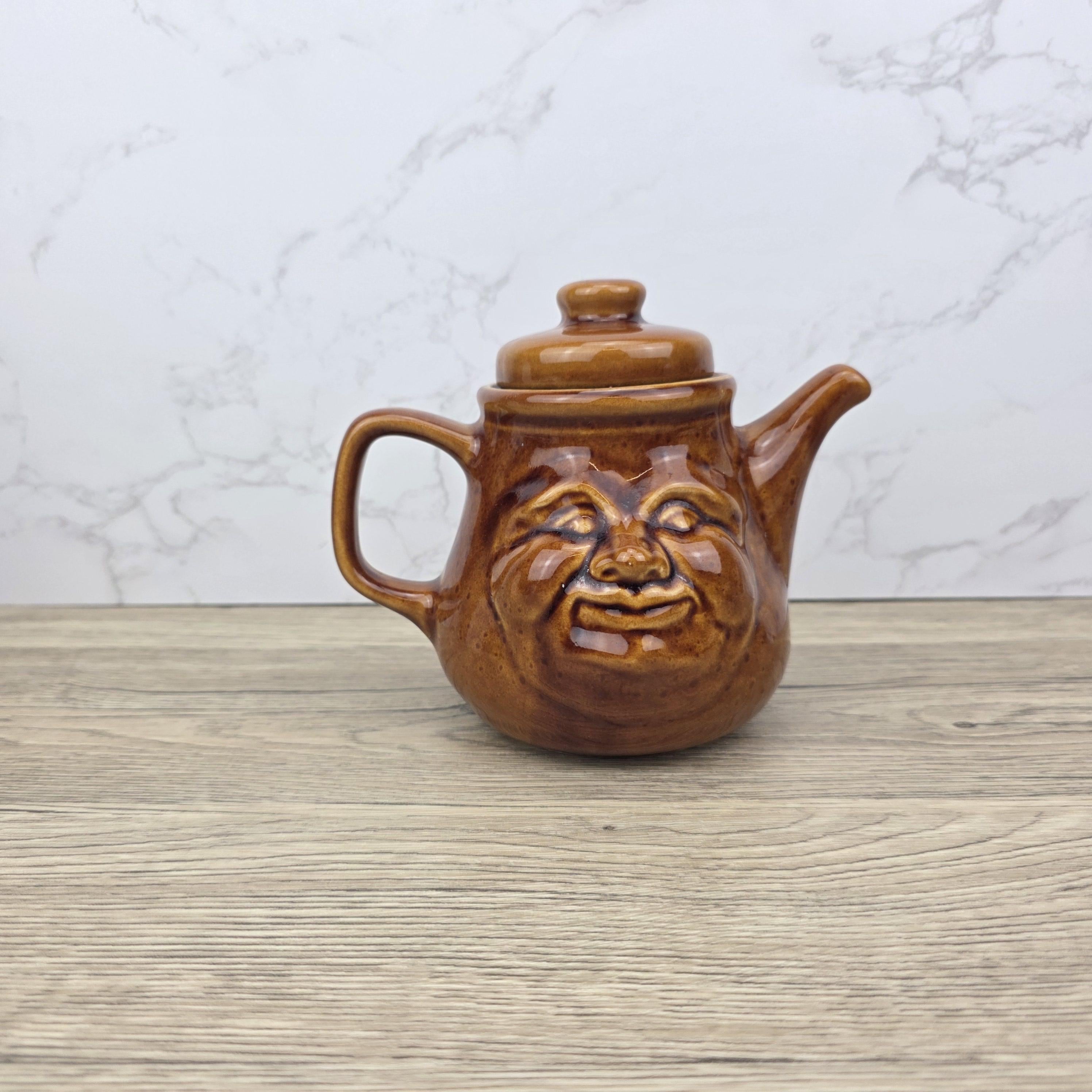 Vintage Brown Glazed Ceramic Teapot with Smiling Face Design |Pottery Kitchen Decor | Collectible Retro