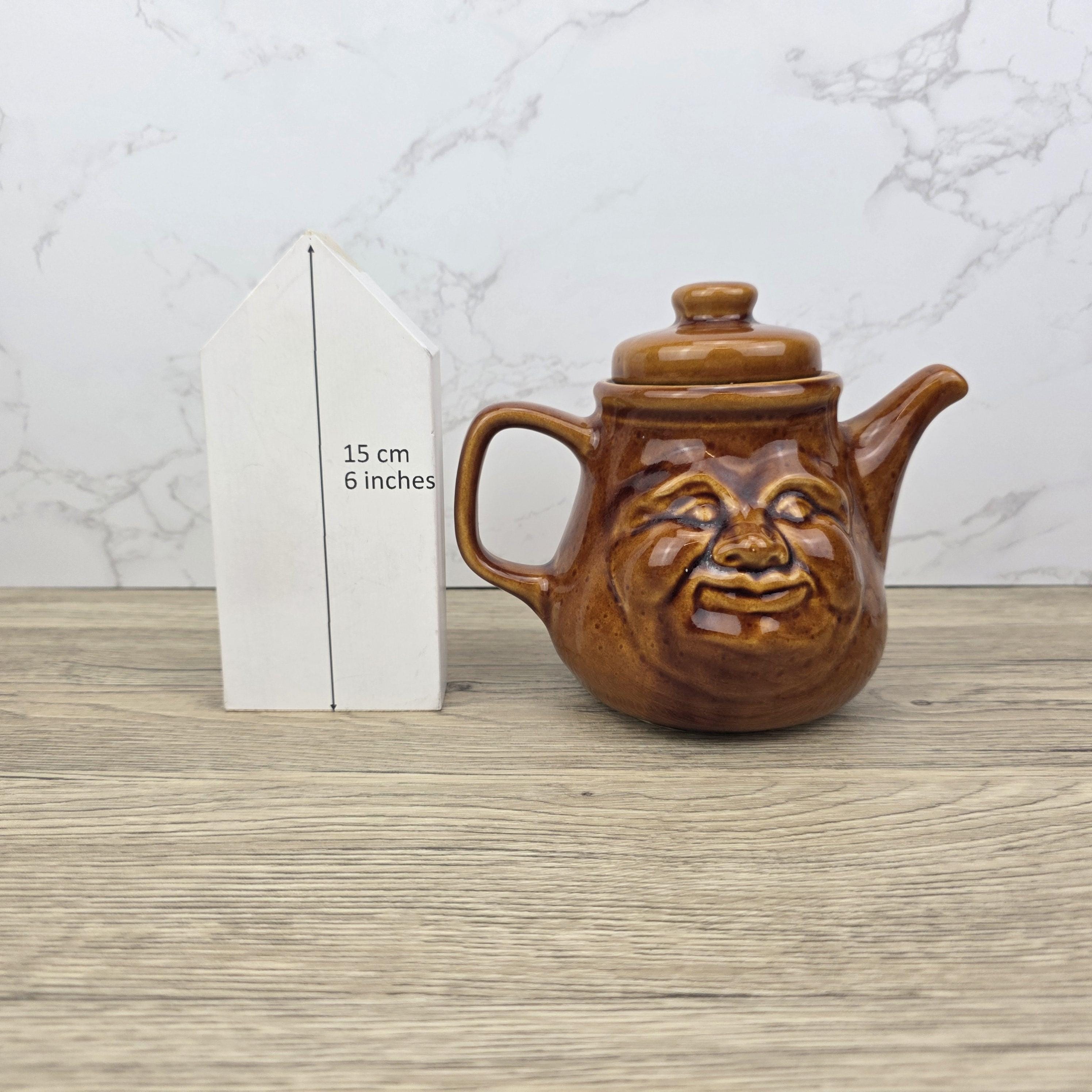 Vintage Brown Glazed Ceramic Teapot with Smiling Face Design |Pottery Kitchen Decor | Collectible Retro