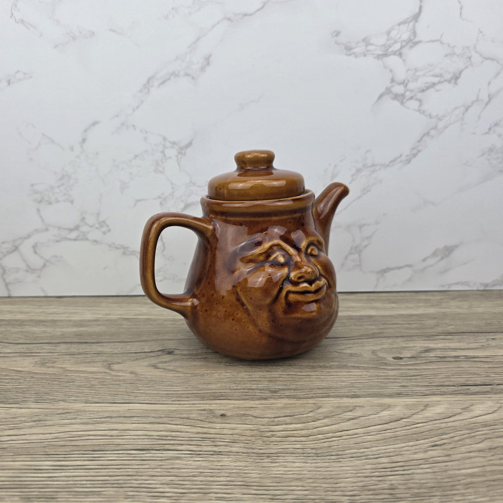 Vintage Brown Glazed Ceramic Teapot with Smiling Face Design |Pottery Kitchen Decor | Collectible Retro