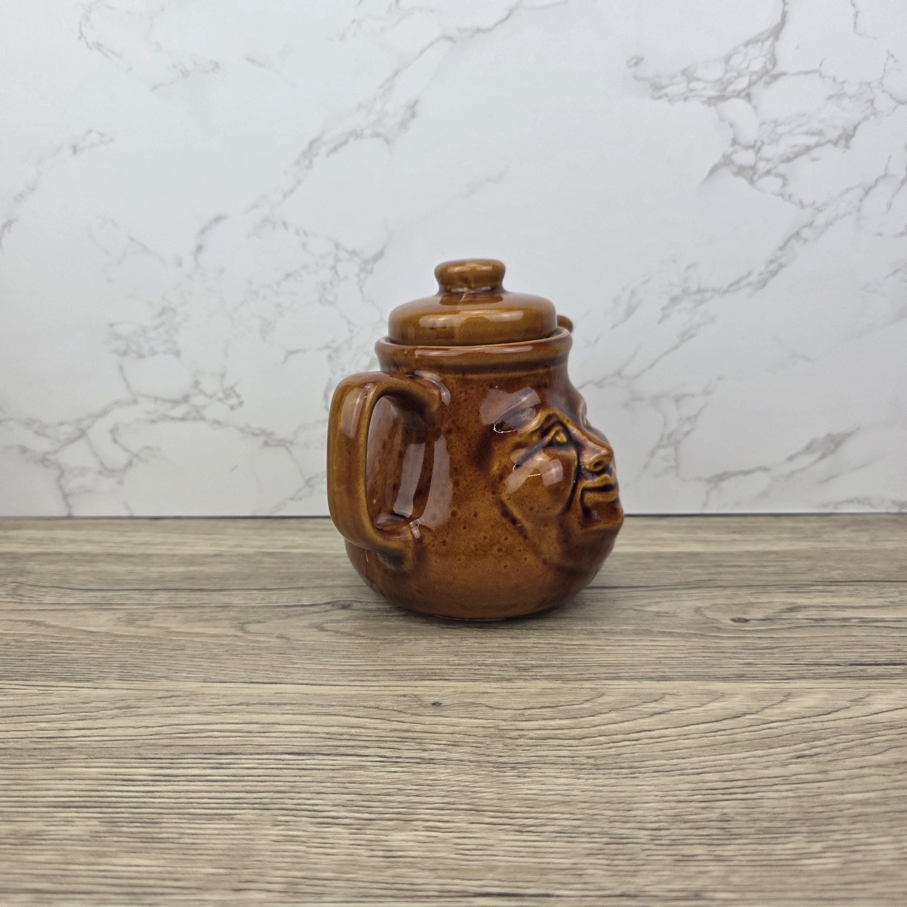 Vintage Brown Glazed Ceramic Teapot with Smiling Face Design |Pottery Kitchen Decor | Collectible Retro