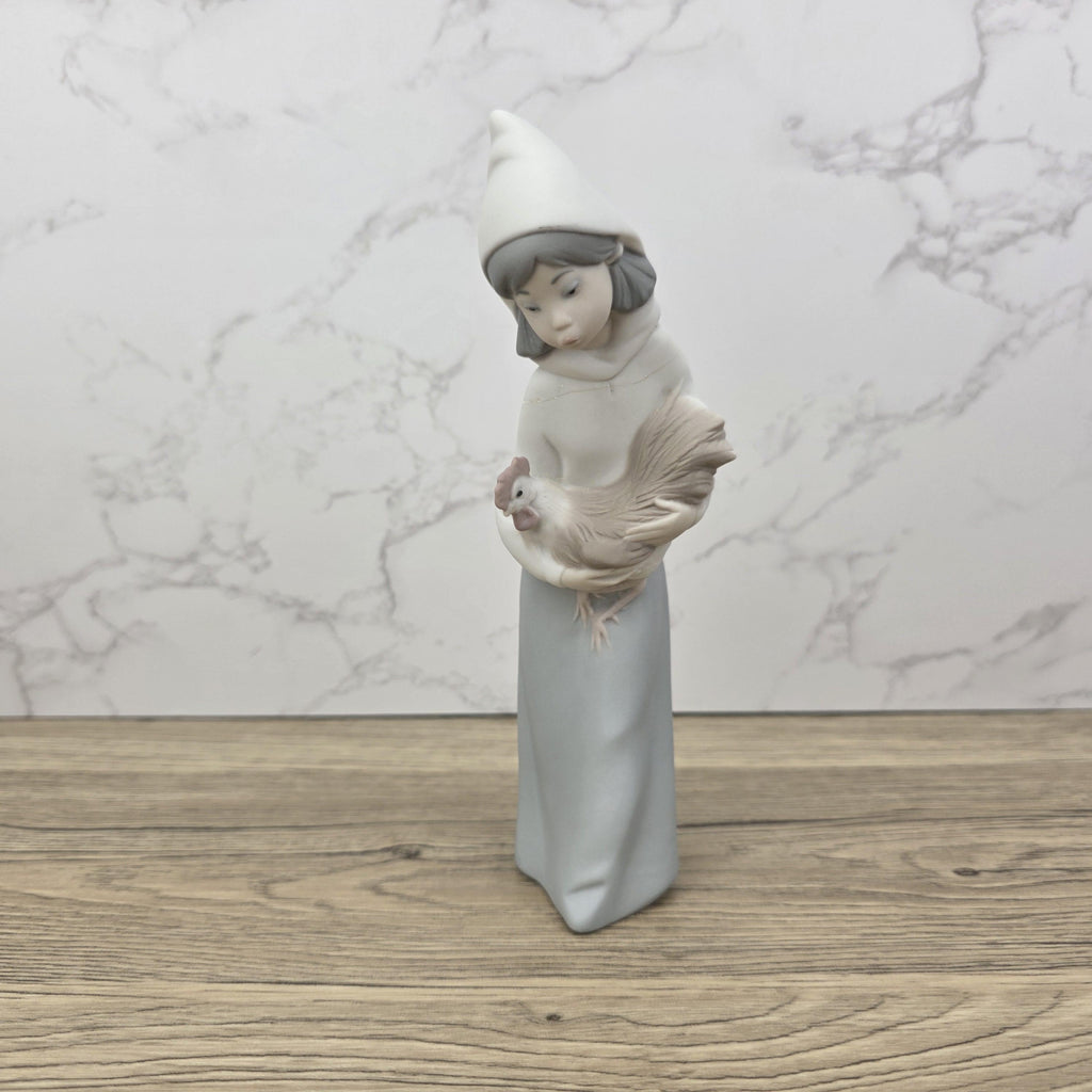 Vintage Girl Holding Chicken Figurine by Lladro | 1980s Spain Porcelain | Model 1330 | Restored Neck