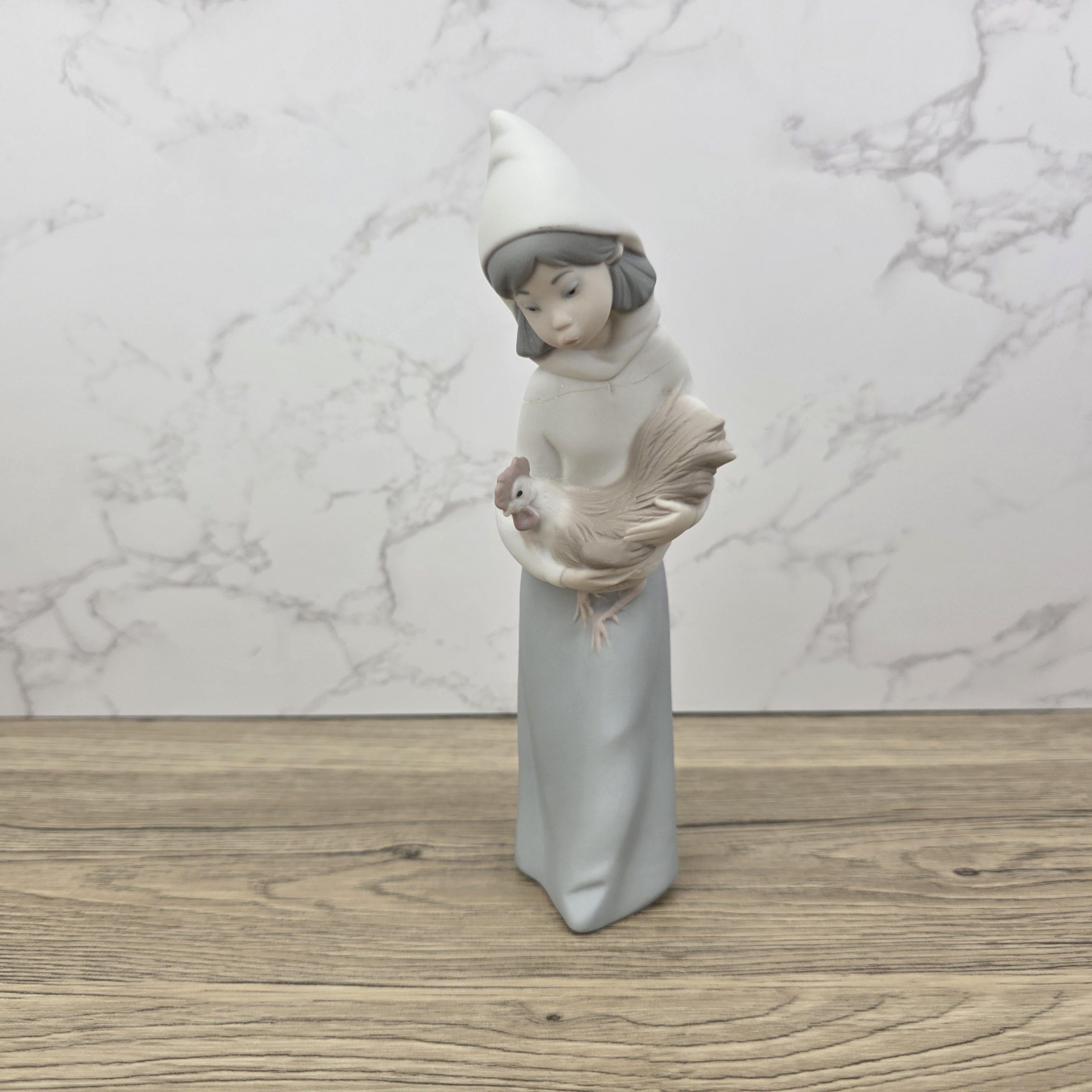 Vintage Girl Holding Chicken Figurine by Lladro | 1980s Spain Porcelain | Model 1330 | Restored Neck