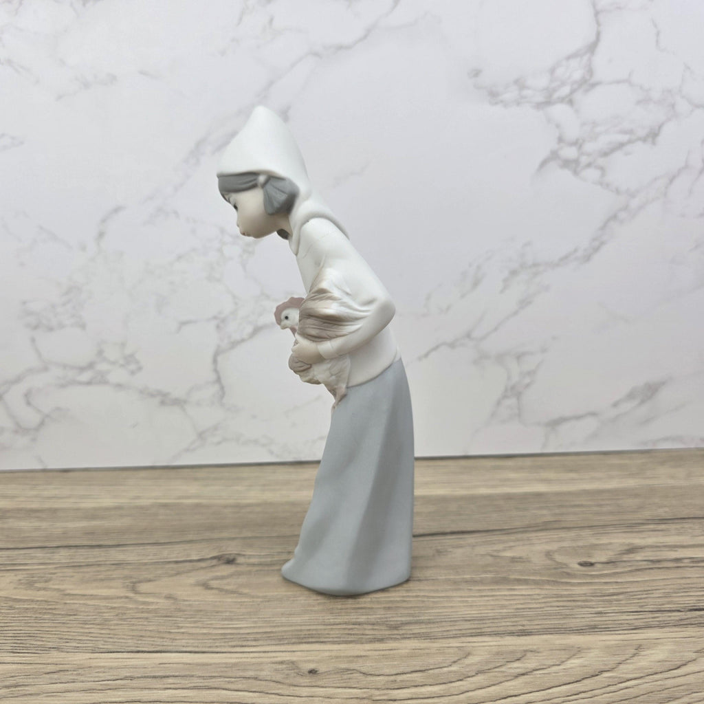 Vintage Girl Holding Chicken Figurine by Lladro | 1980s Spain Porcelain | Model 1330 | Restored Neck