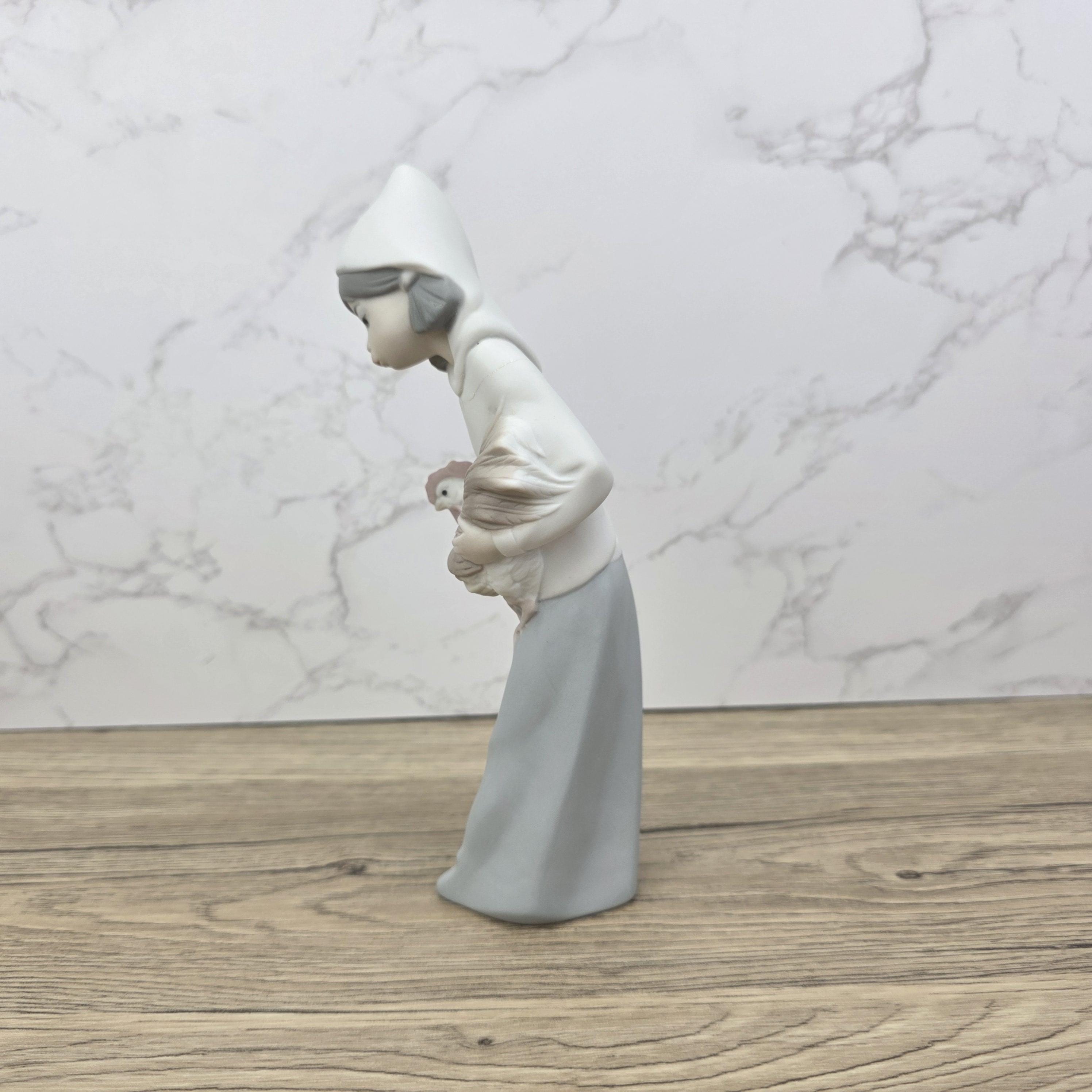 Vintage Girl Holding Chicken Figurine by Lladro | 1980s Spain Porcelain | Model 1330 | Restored Neck