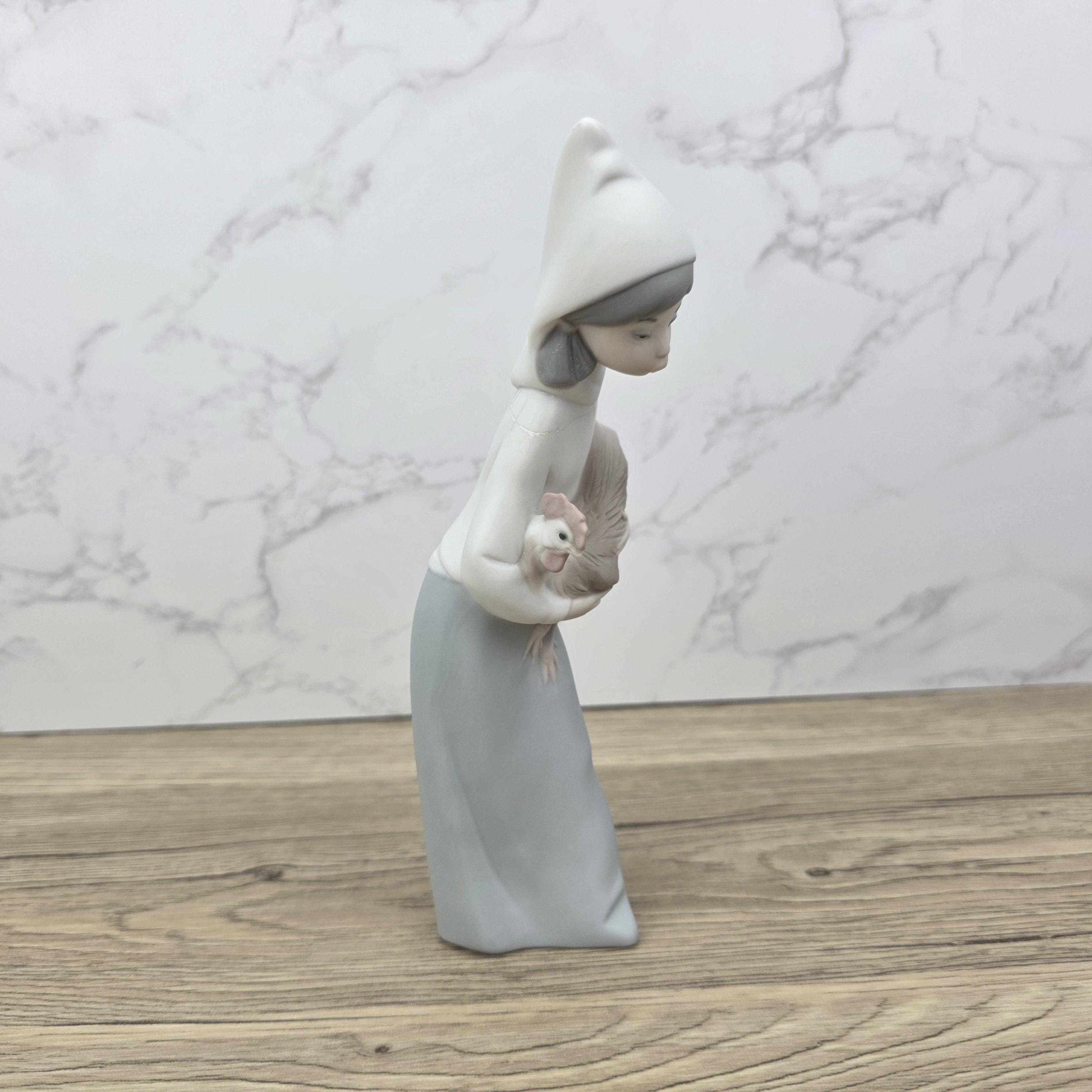 Vintage Girl Holding Chicken Figurine by Lladro | 1980s Spain Porcelain | Model 1330 | Restored Neck