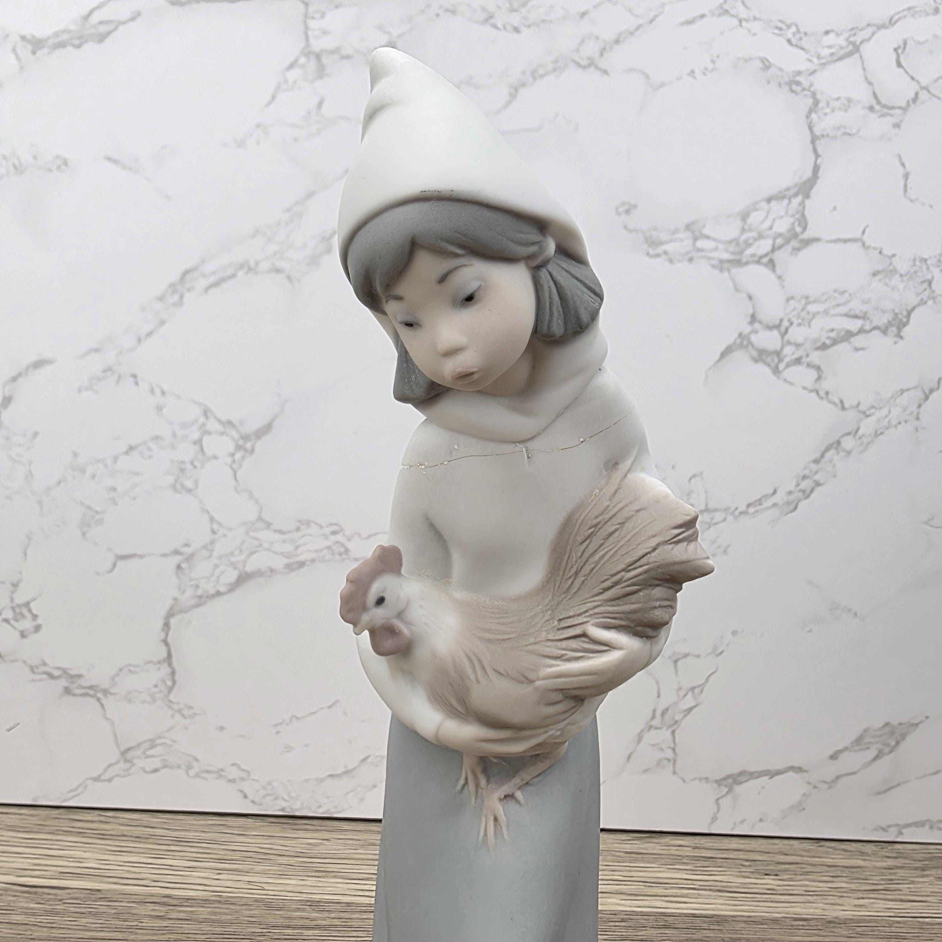 Vintage Girl Holding Chicken Figurine by Lladro | 1980s Spain Porcelain | Model 1330 | Restored Neck