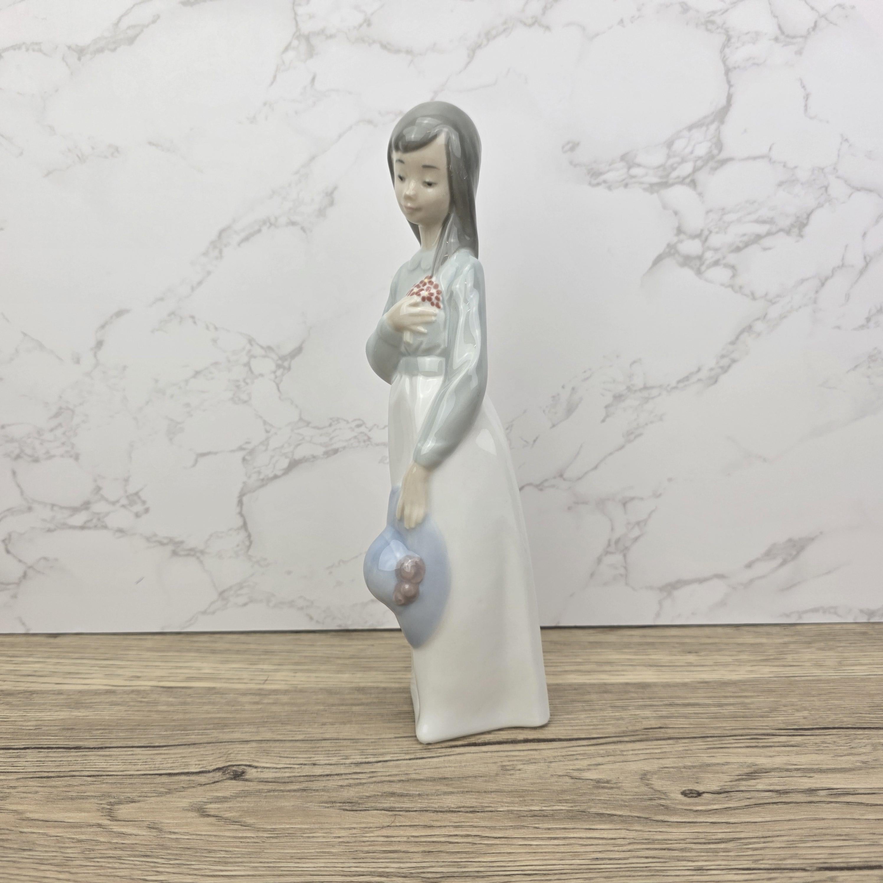Girl Holding Hat Porcelain Figurine Vintage Collectible Sculpture by NAO Lladro Spain Gloss Finish