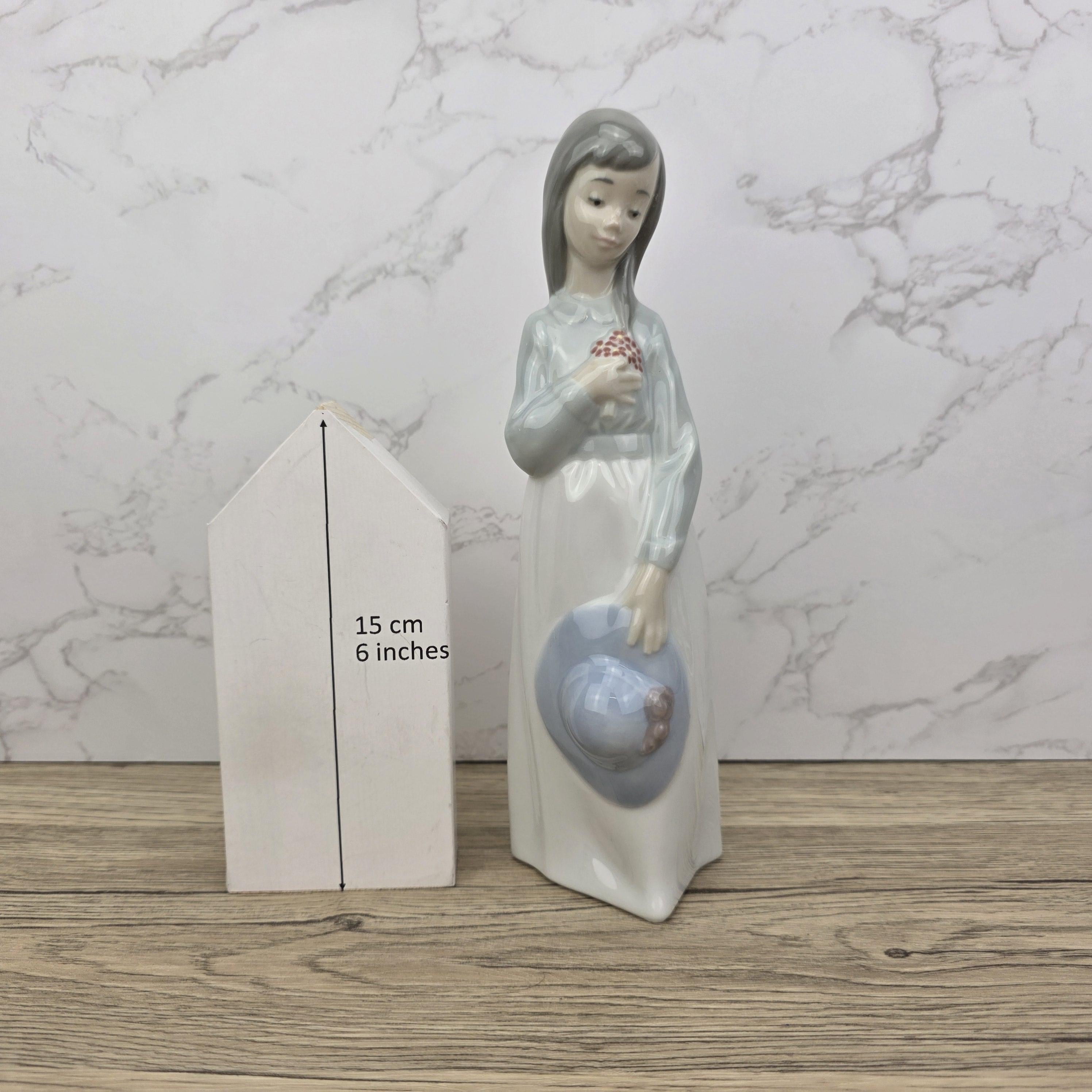 Girl Holding Hat Porcelain Figurine Vintage Collectible Sculpture by NAO Lladro Spain Gloss Finish