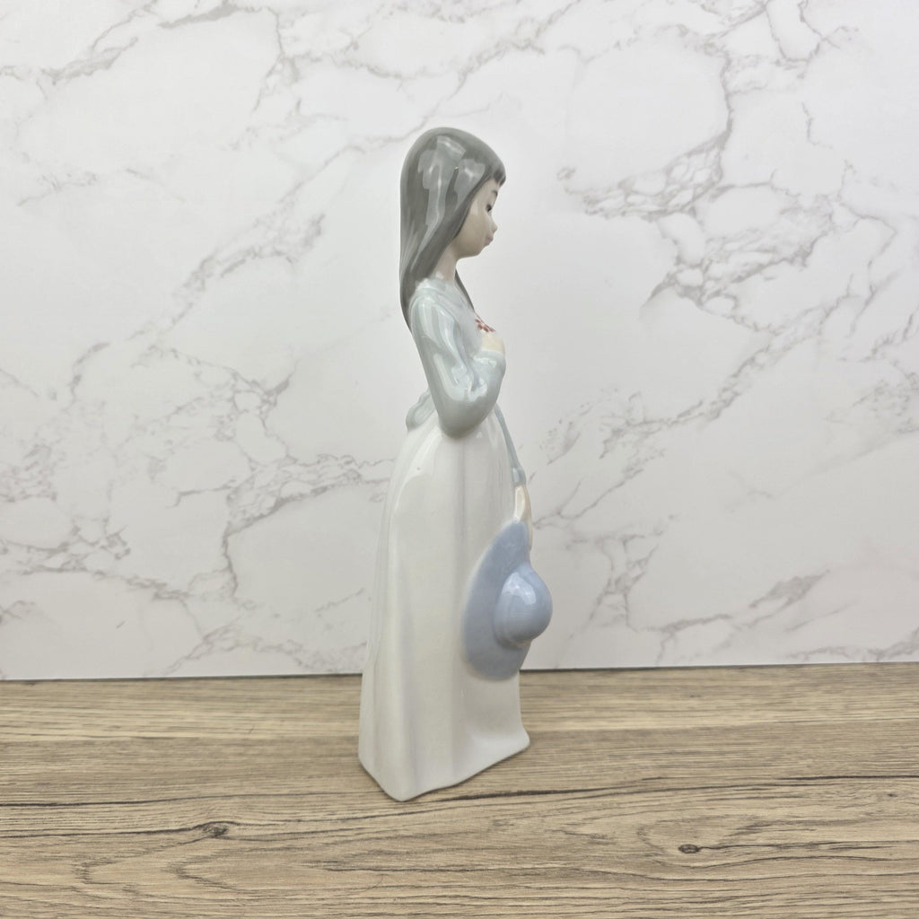 Girl Holding Hat Porcelain Figurine Vintage Collectible Sculpture by NAO Lladro Spain Gloss Finish